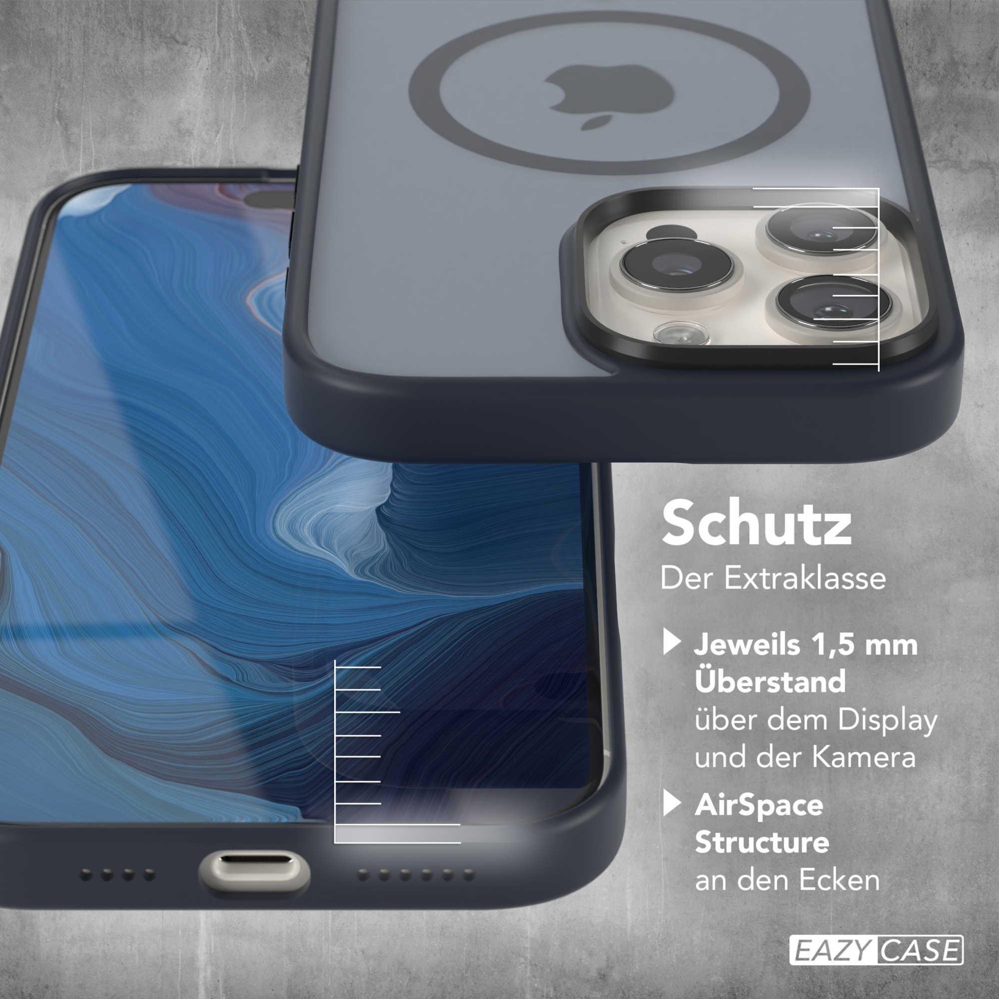 Eine Handyhülle vor blauem Hintergrund. Sie ist schwarz und grau. Sie hat das Apple-Logo und den Text "Schutz" und "Eazy Case".
