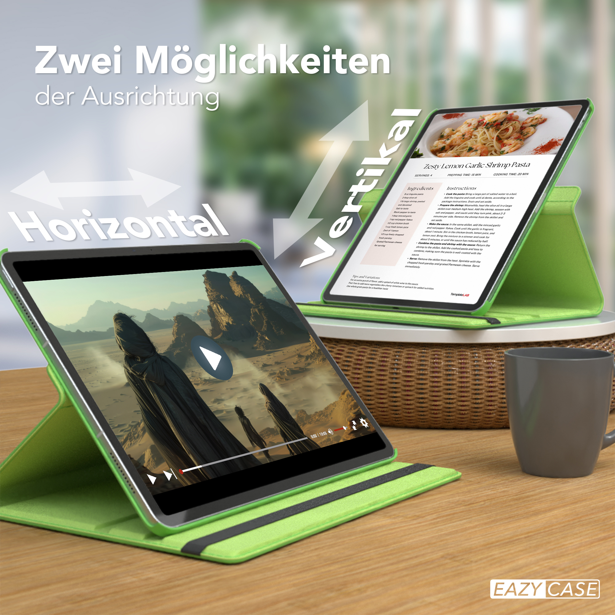 Zwei Tablets in grünen Hüllen liegen auf einem Tisch. Eines zeigt ein Video, das andere ein Rezept.