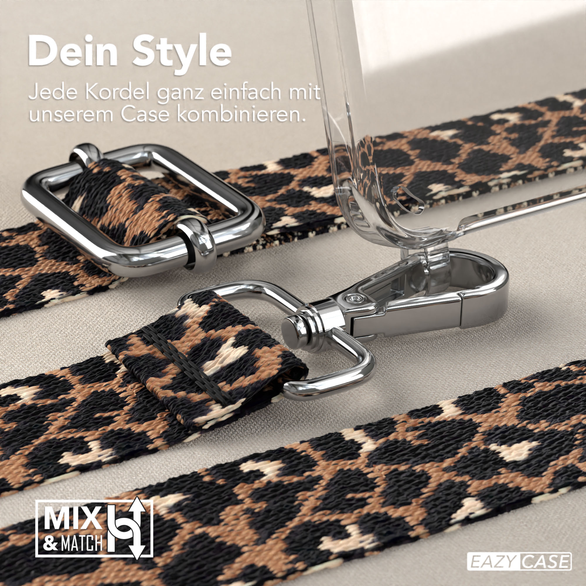 Ein Telefonband mit Leopardenmuster. Das Band ist mit einer durchsichtigen Handyhülle verbunden.
