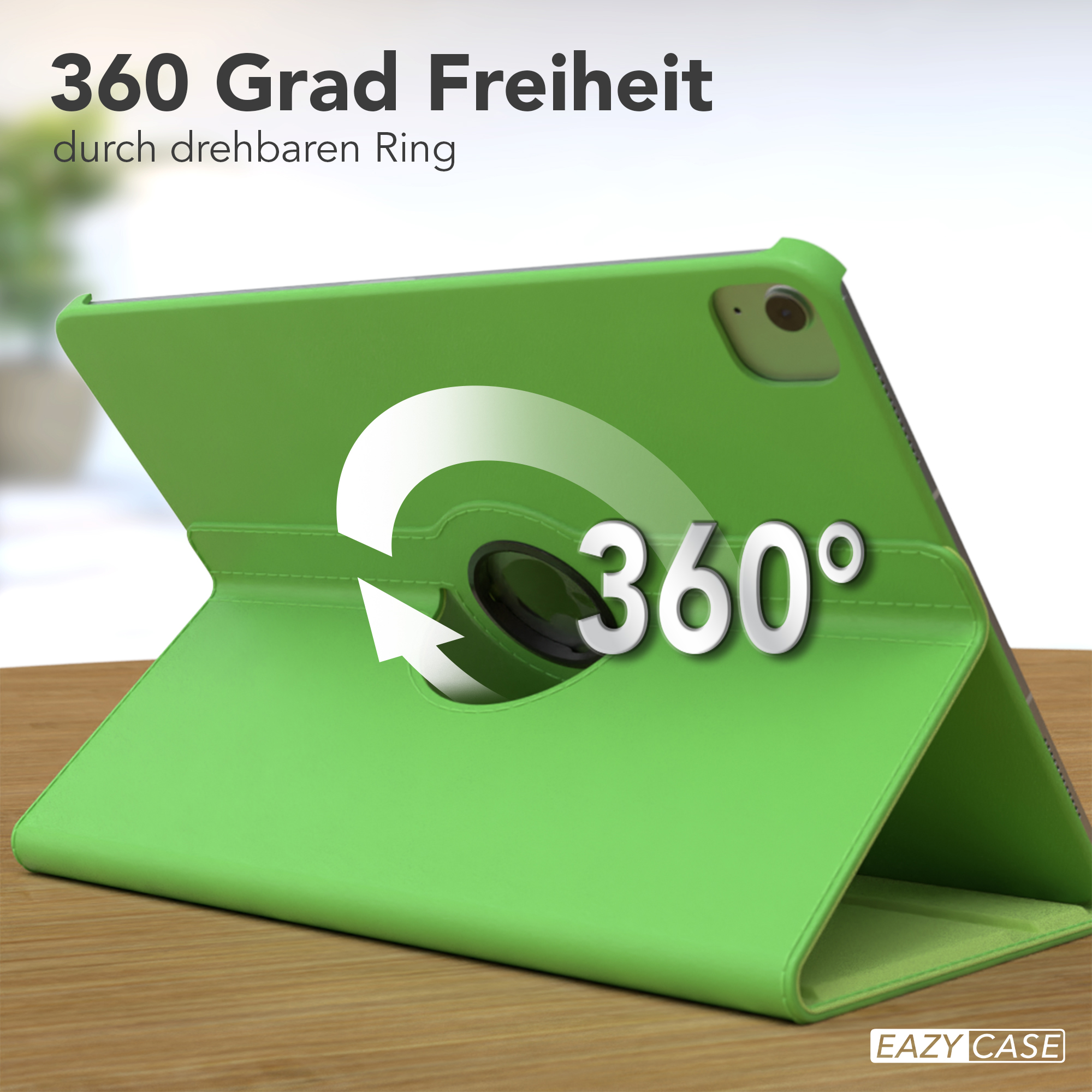 Eine grüne Tablethülle mit Drehring, die eine 360-Grad-Funktion demonstriert.