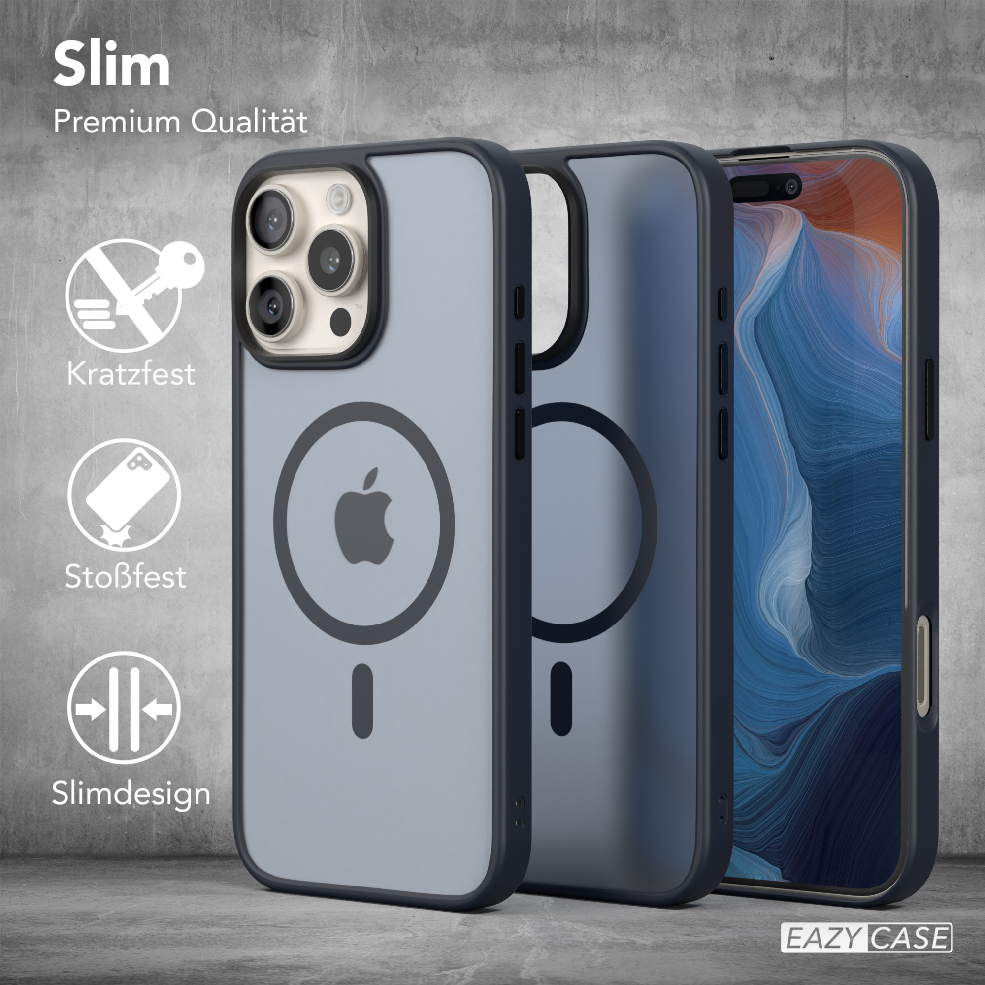 Drei Handyhüllen werden angezeigt. Eine befindet sich auf einem Telefon, mit Symbolen, die Funktionen veranschaulichen.