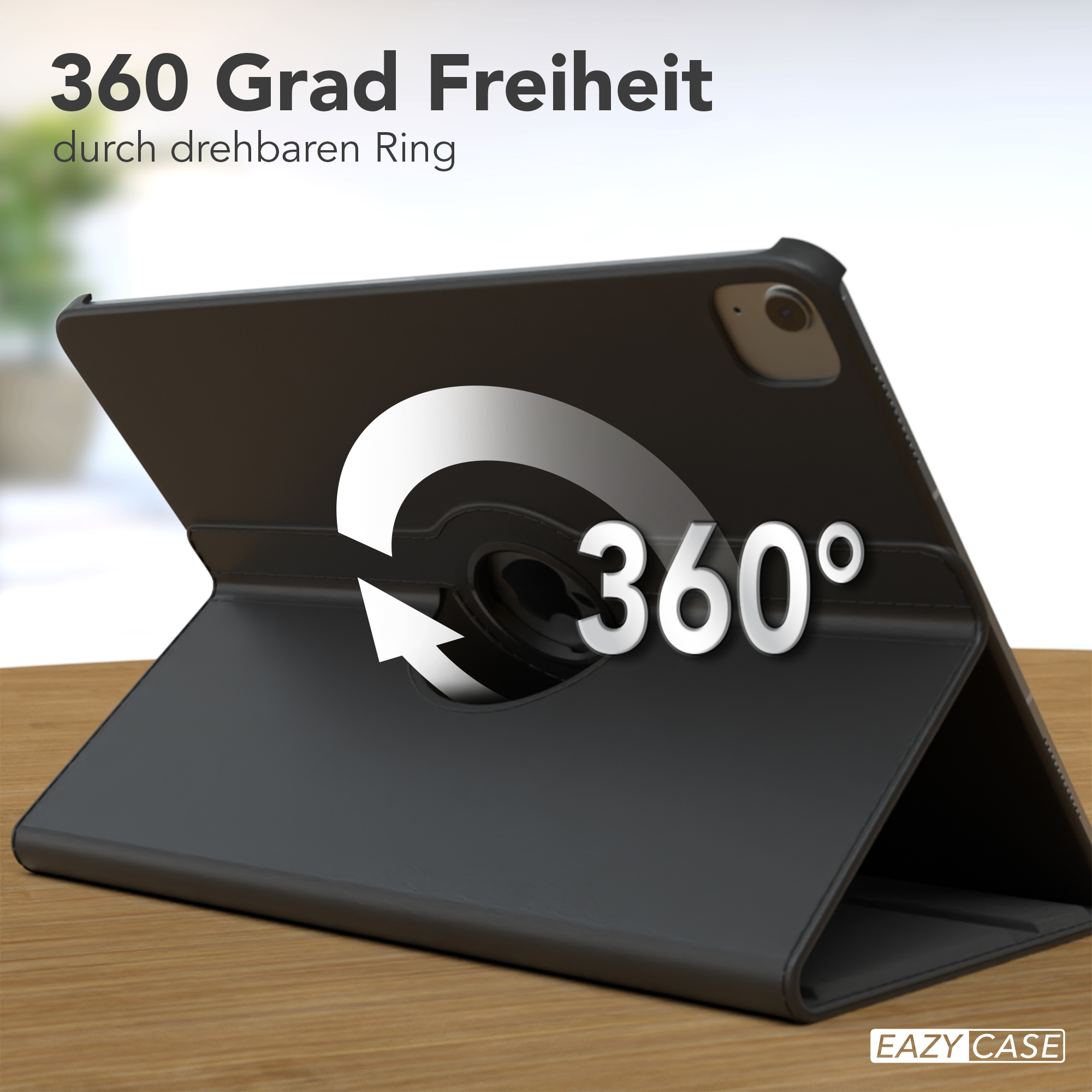 Schwarze Tablet-Hülle mit drehbarem Ring. Text sagt '360°' und '360 Grad Freiheit'.