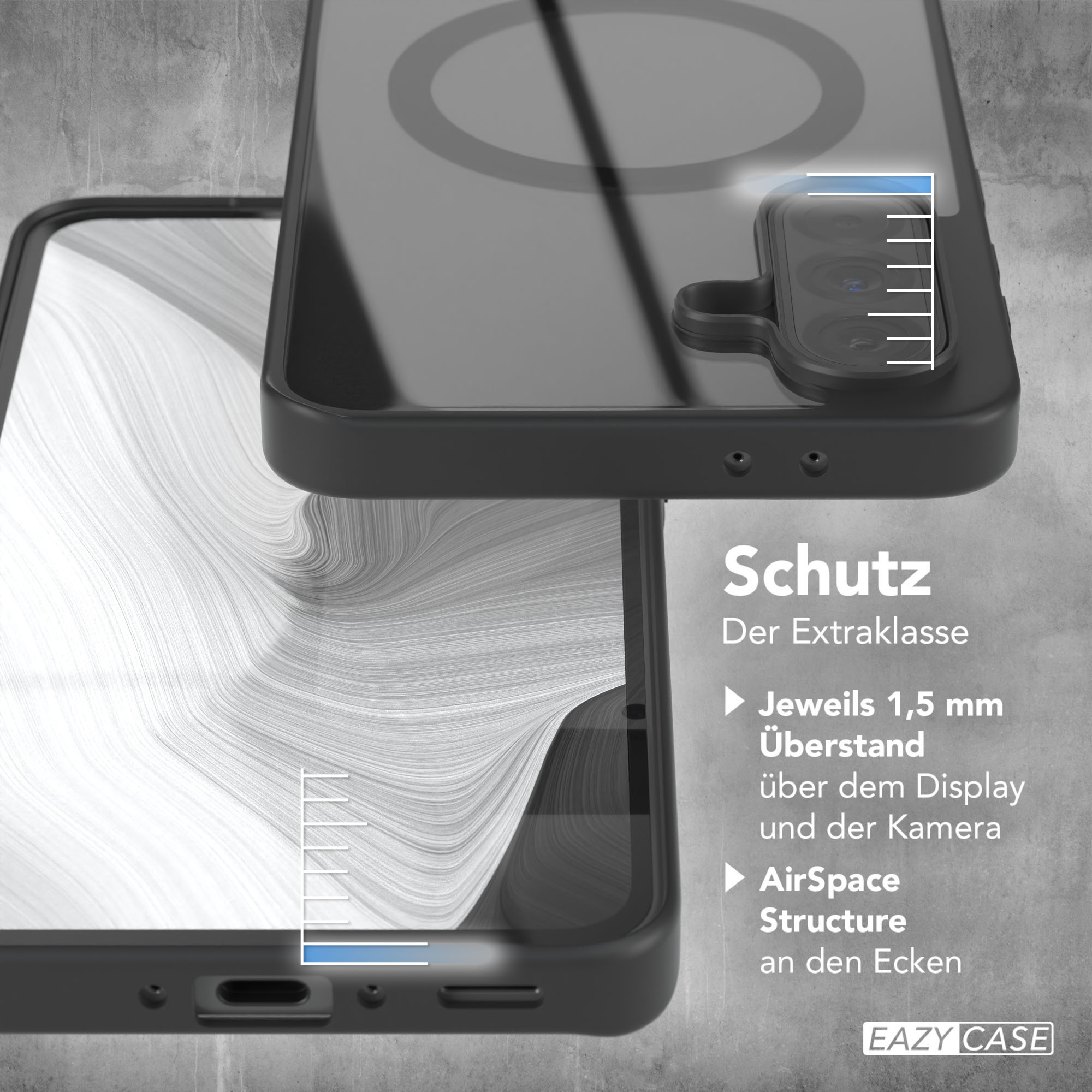Handyhülle mit Telefon darin. Schwarze Hülle mit Text und Skala.