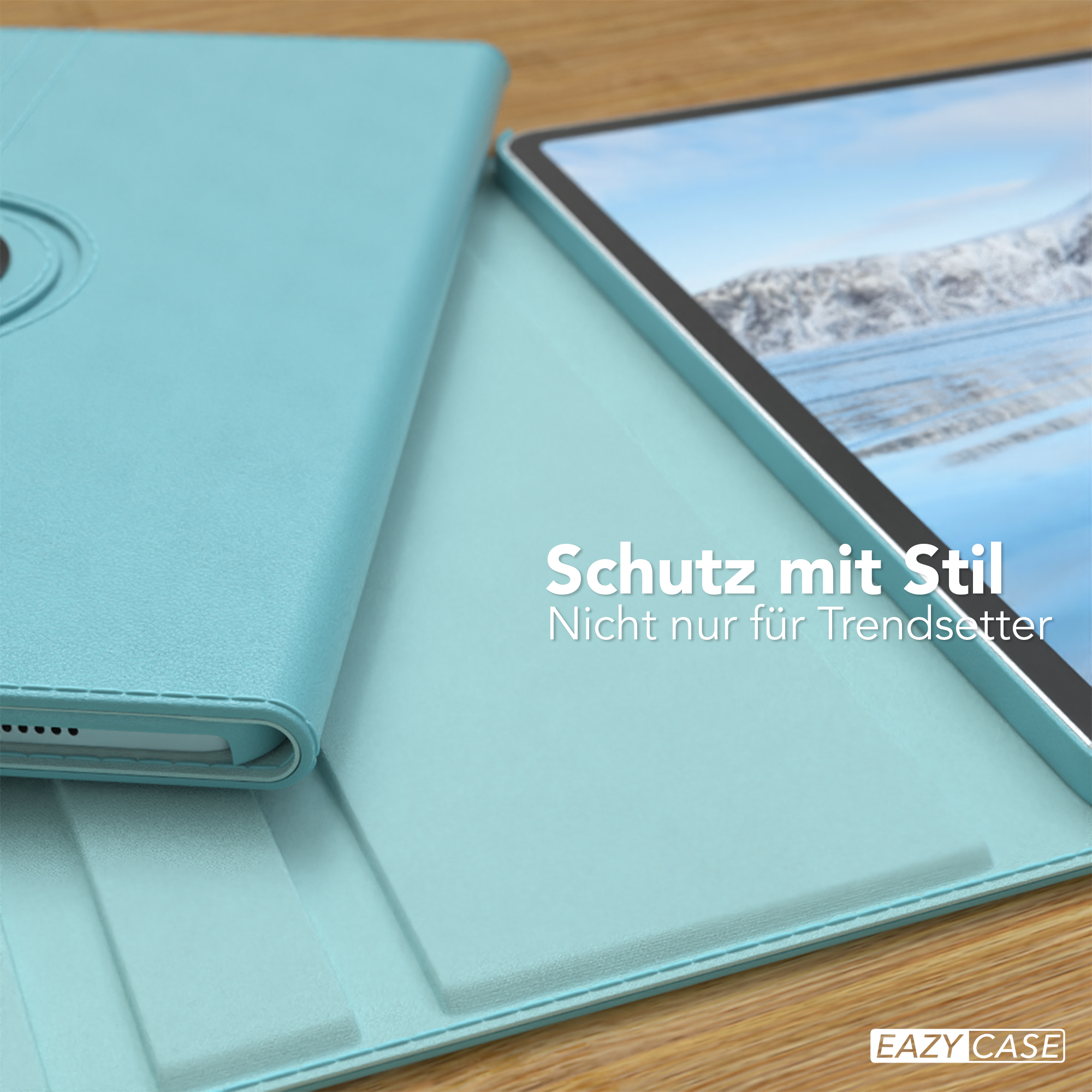 Tablet in hellblauer Hülle, geöffnet, um den Bildschirm zu zeigen. Text lautet 'Schutz mit Stil' auf Deutsch.