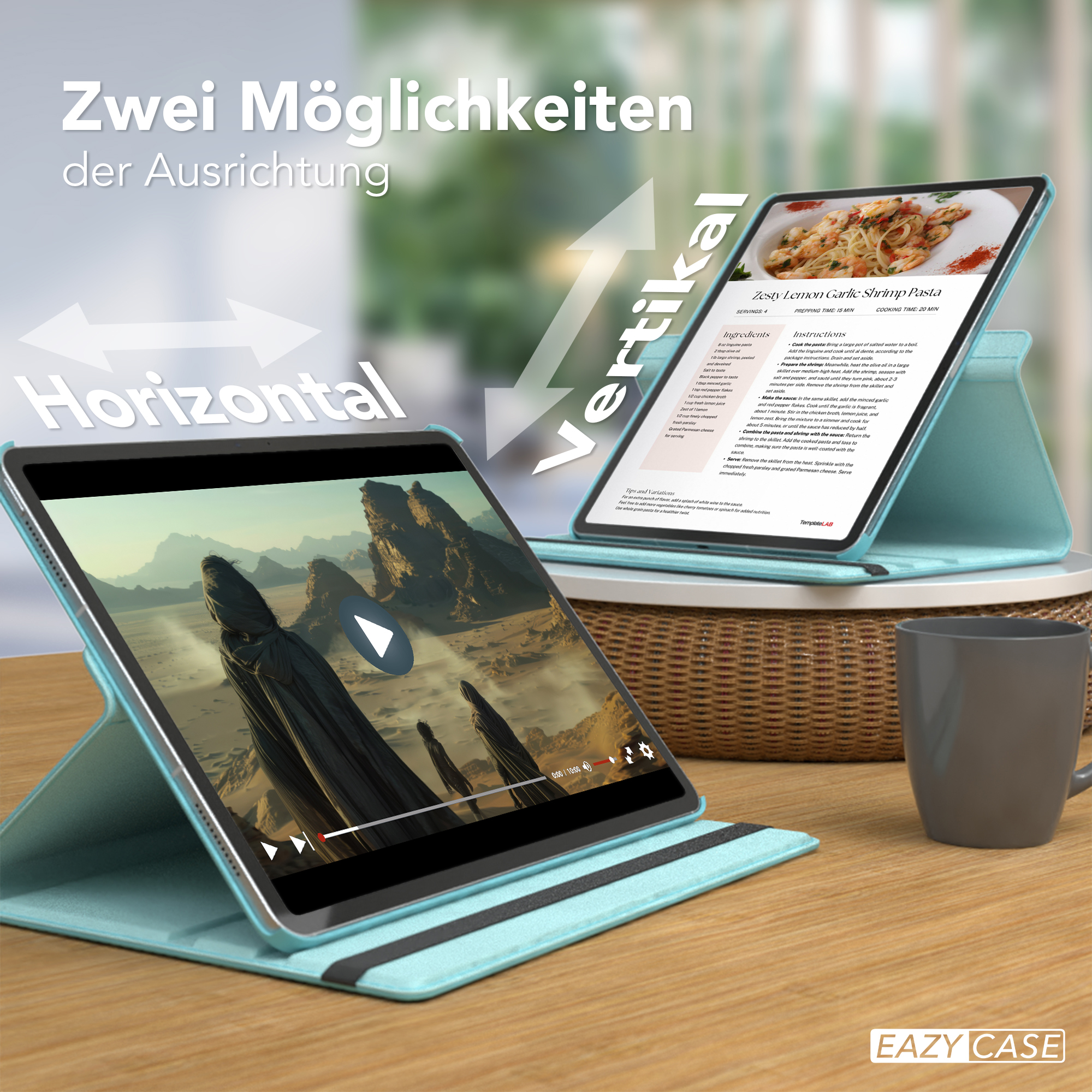 Tablets in horizontaler und vertikaler Position, eines zeigt ein Video, das andere ein Rezept.
