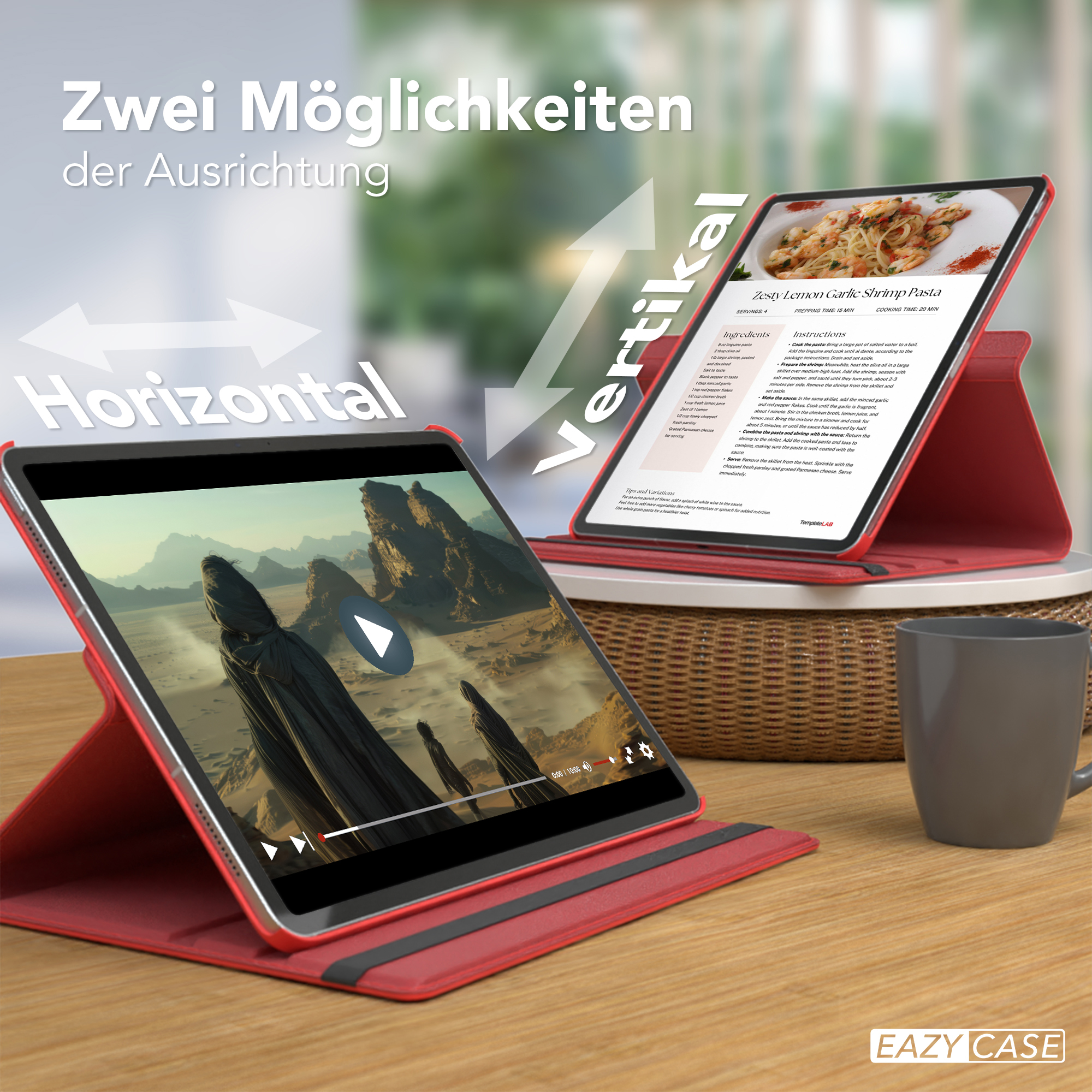 Ein Tablet mit einem Video und einem Rezept, mit der Option, horizontal oder vertikal anzuzeigen.
