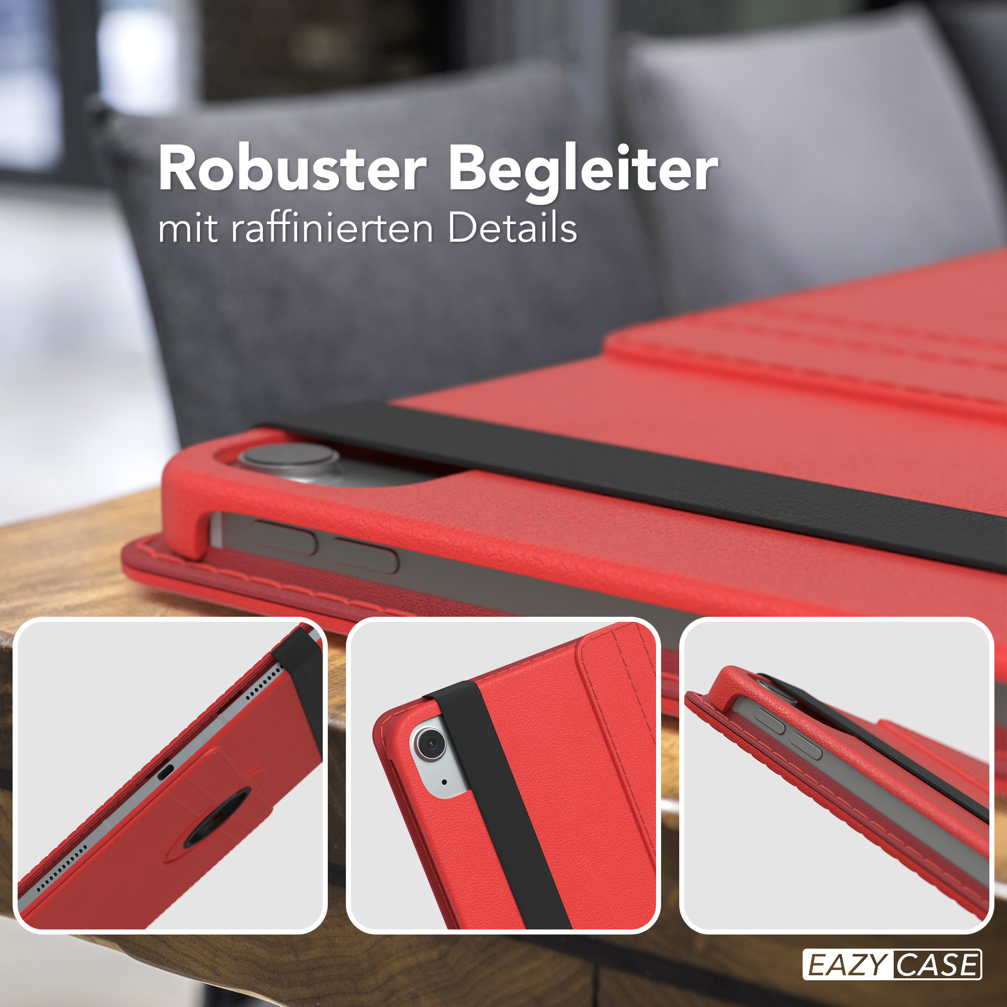 Rote Tablet-Hülle mit mehreren Ansichten. Enthält einen Riemen und Details. Text: Robuster Begleiter mit raffinierten Details.