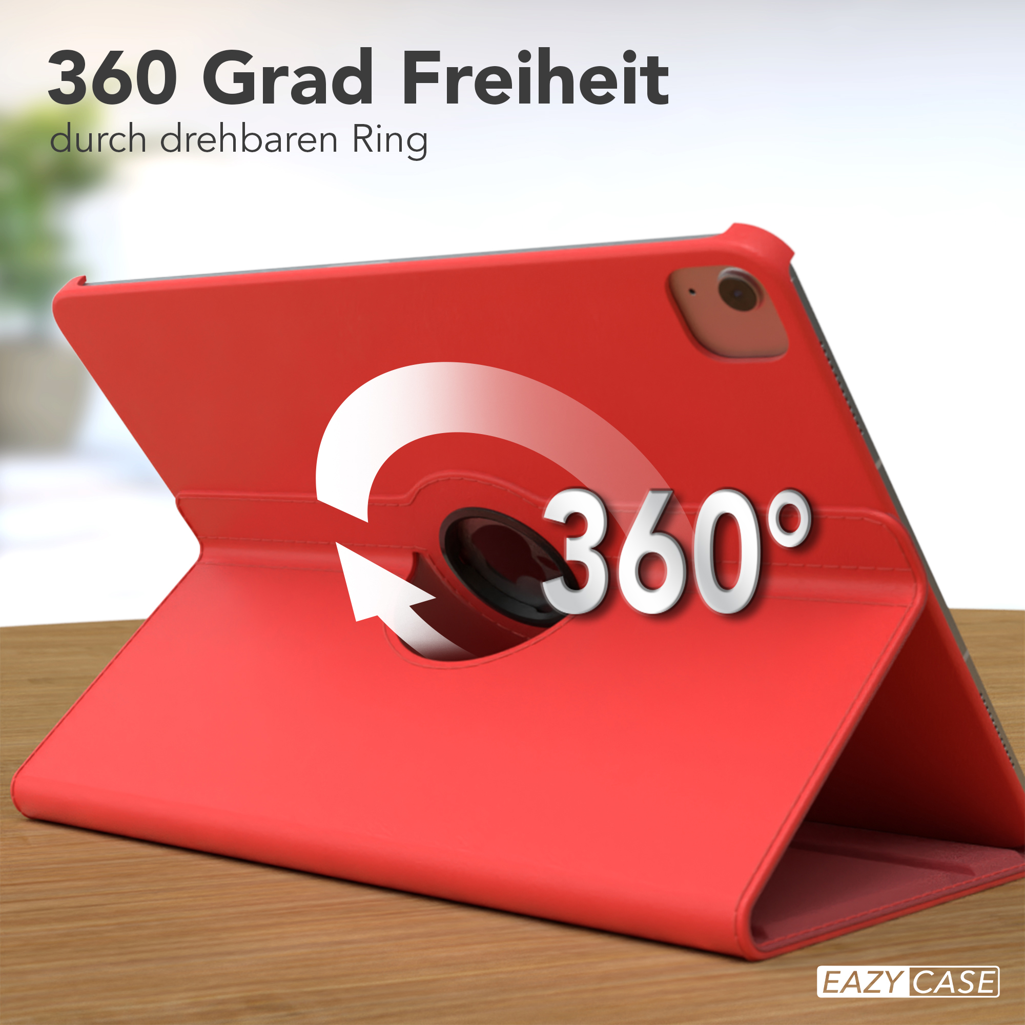 Rote iPad-Hülle mit Drehring, der 360-Grad-Drehung zeigt, auf Holzoberfläche.