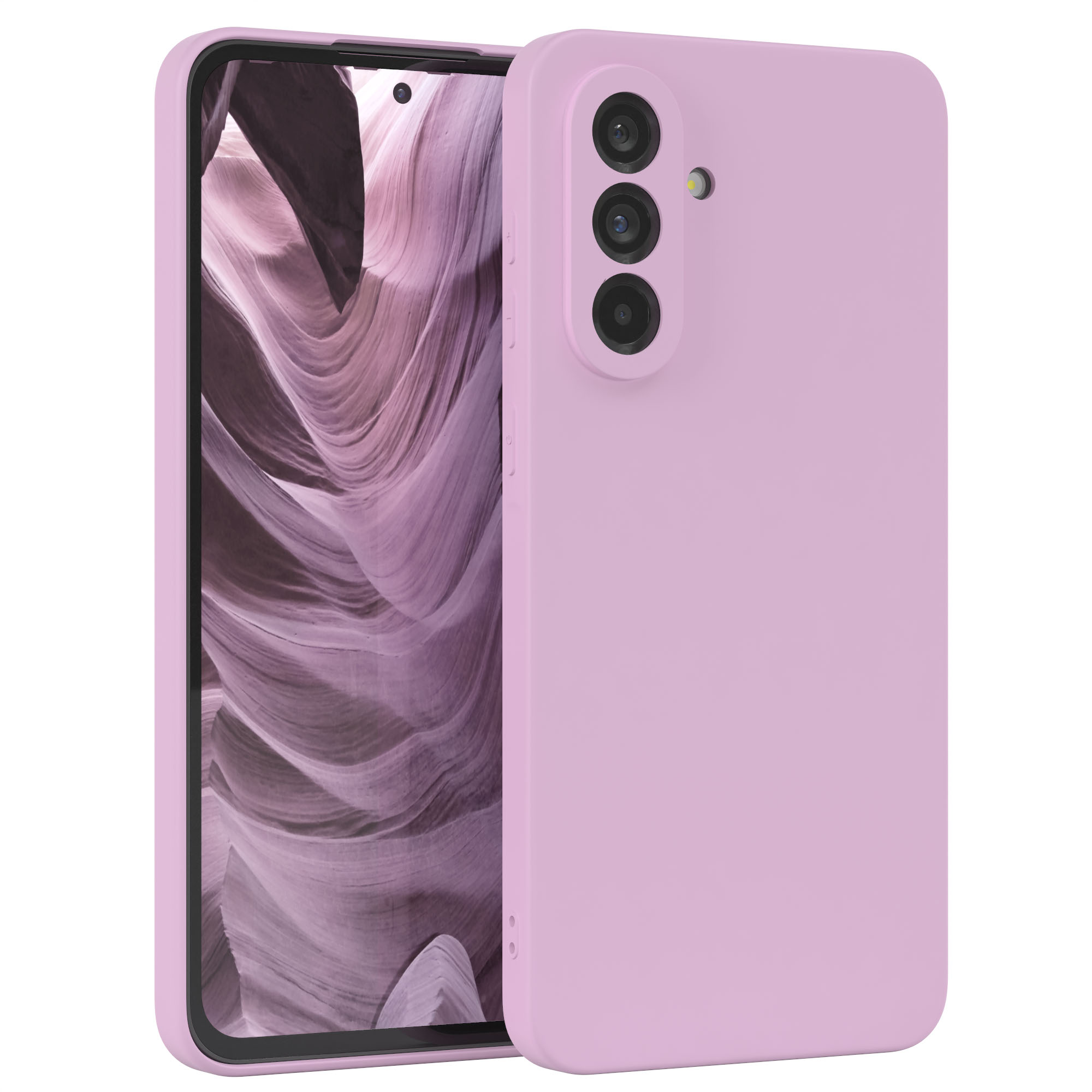 Rosa Telefon mit Hülle, mit drei Kameras, auf weißem Hintergrund.
