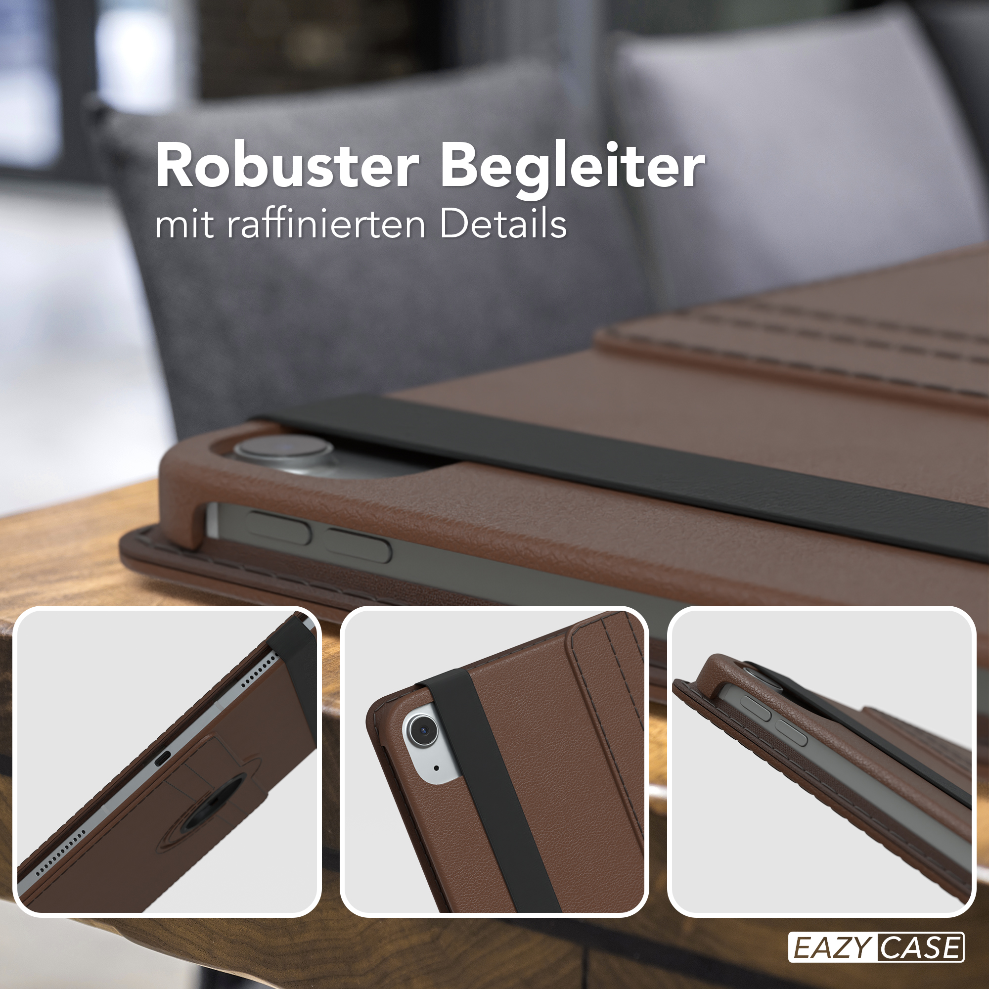 Eine braune Tablet-Hülle mit schwarzem Riemen und drei Detailaufnahmen der Hülle.