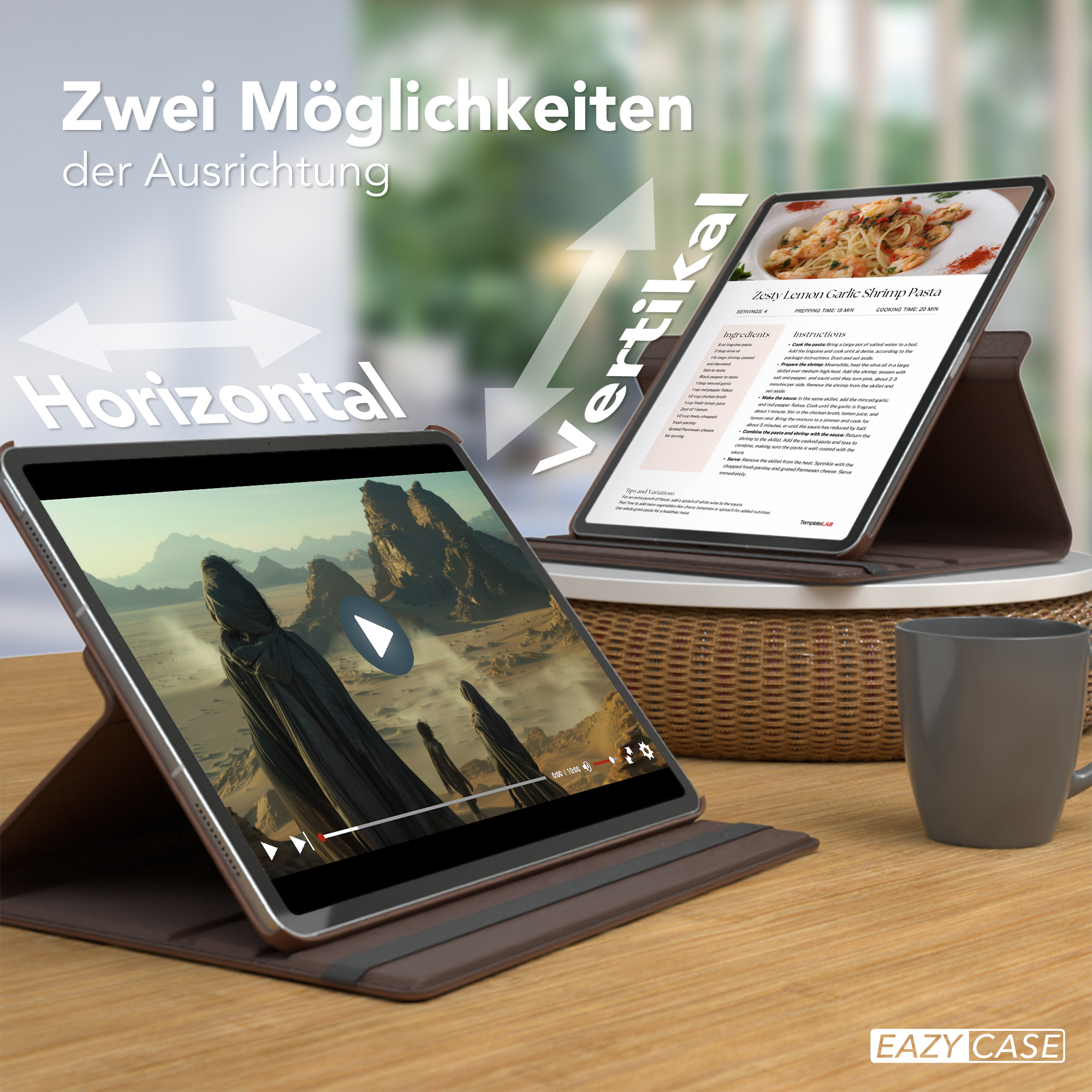 Zwei Tablets, eines zeigt ein Video, das andere ein Rezept. Beide auf Ständern, auf einem Tisch.