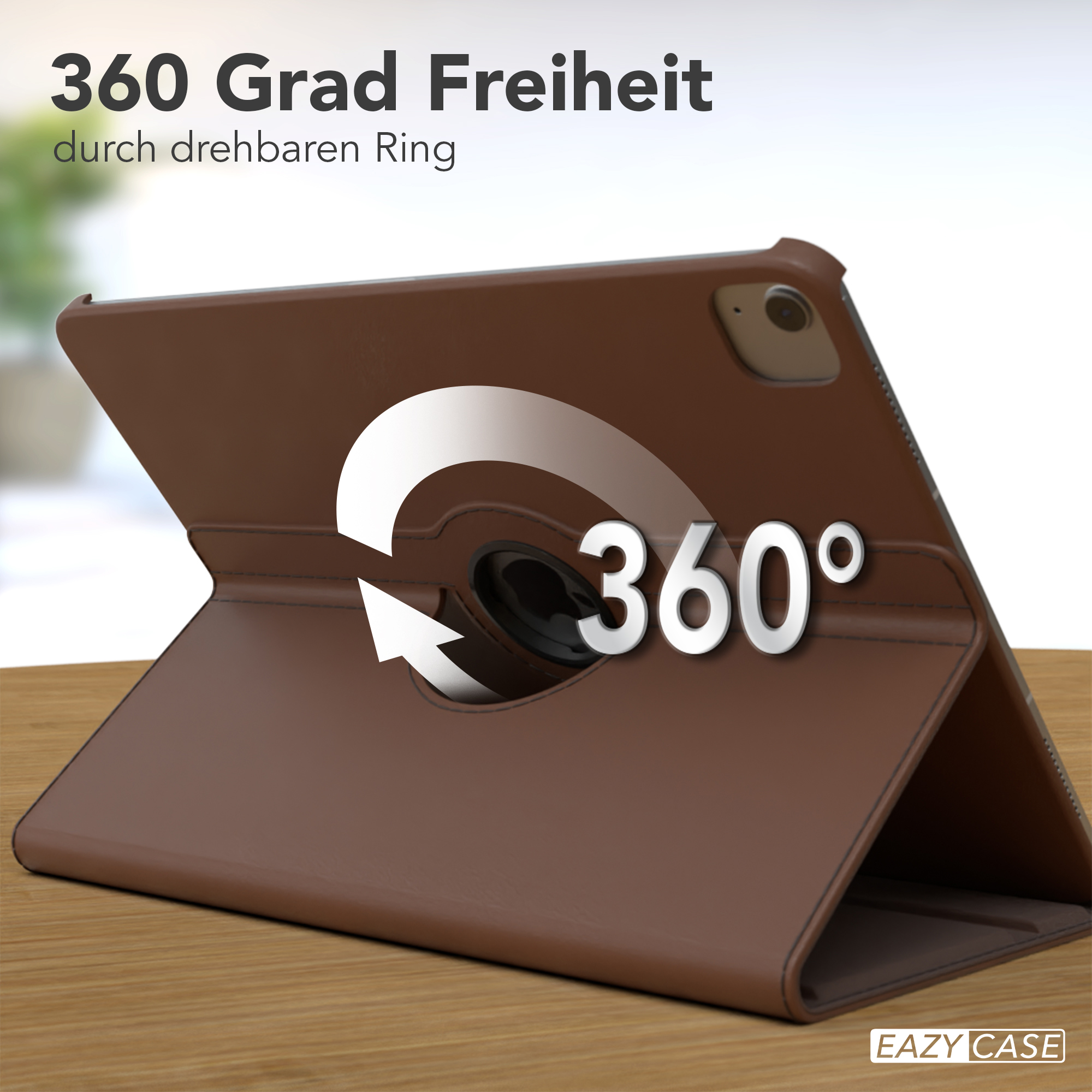 Braune Tablet-Hülle aus Leder mit Drehring. Die Hülle liegt auf einer Holzoberfläche.