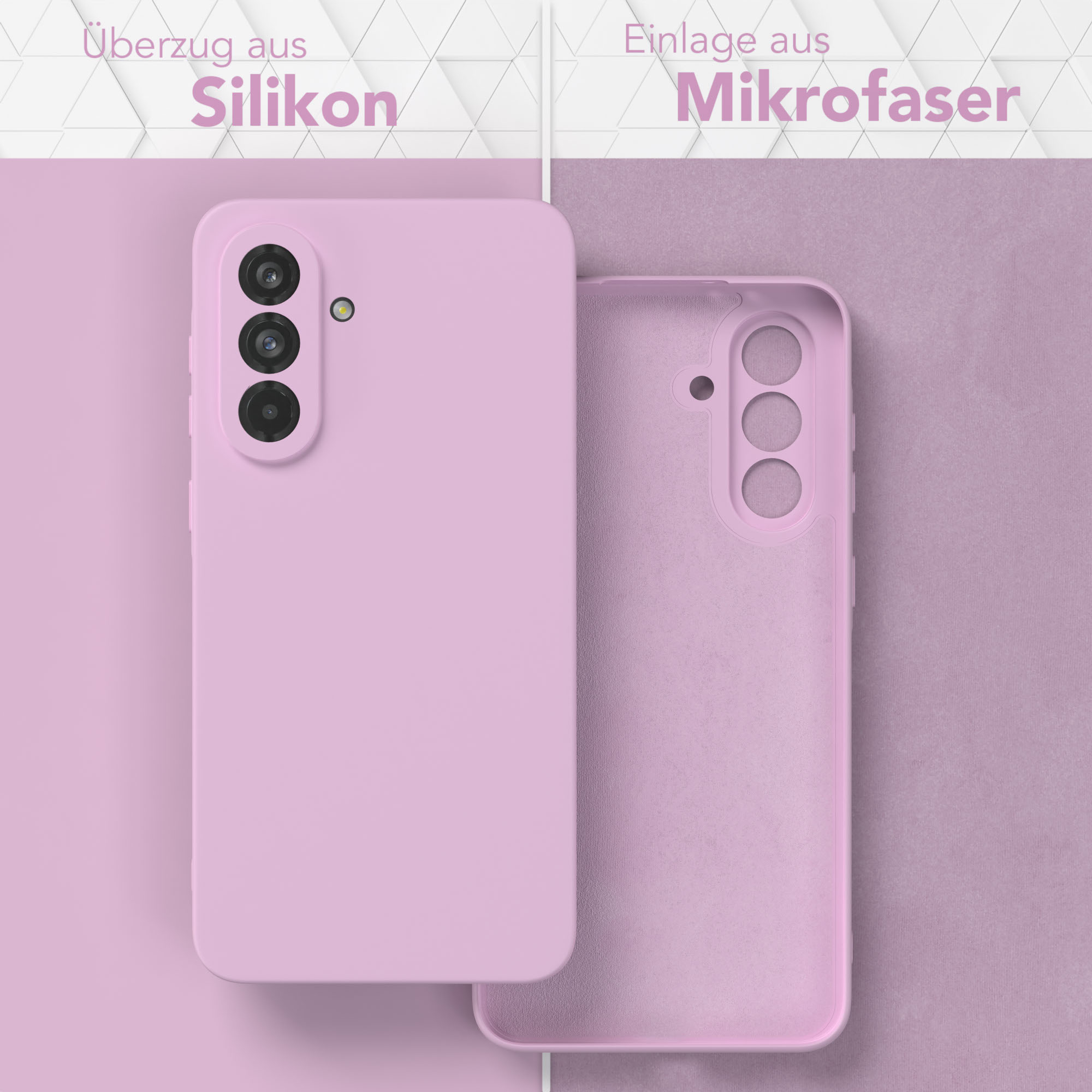 Eine rosa Handyhülle und ihre Silikonhülle. Die Hülle hat 3 Kameras.