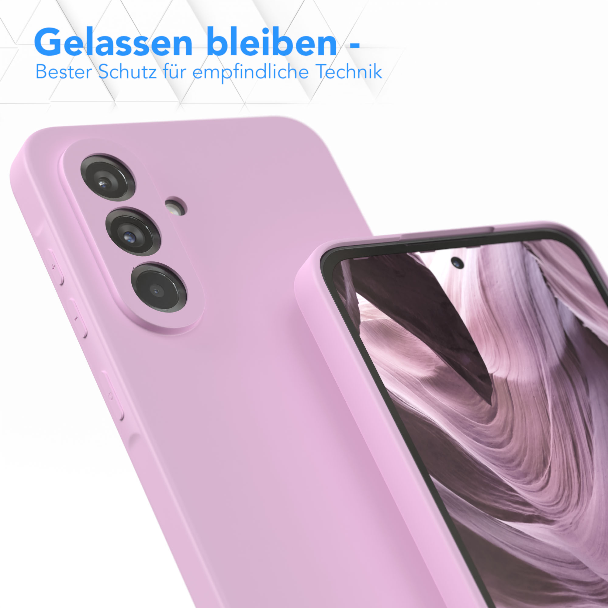 Zwei pinke Handyhüllen. Das Telefon ist in einer Hülle eingesetzt. Deutsche Beschriftung.