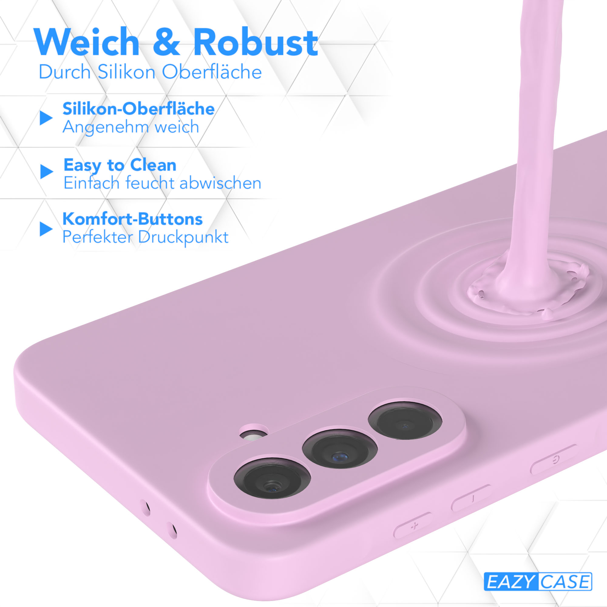 Nahaufnahme einer rosa Handyhülle mit einem flüssigkeitsartigen Spritzer und einer Telefon-Silhouette.