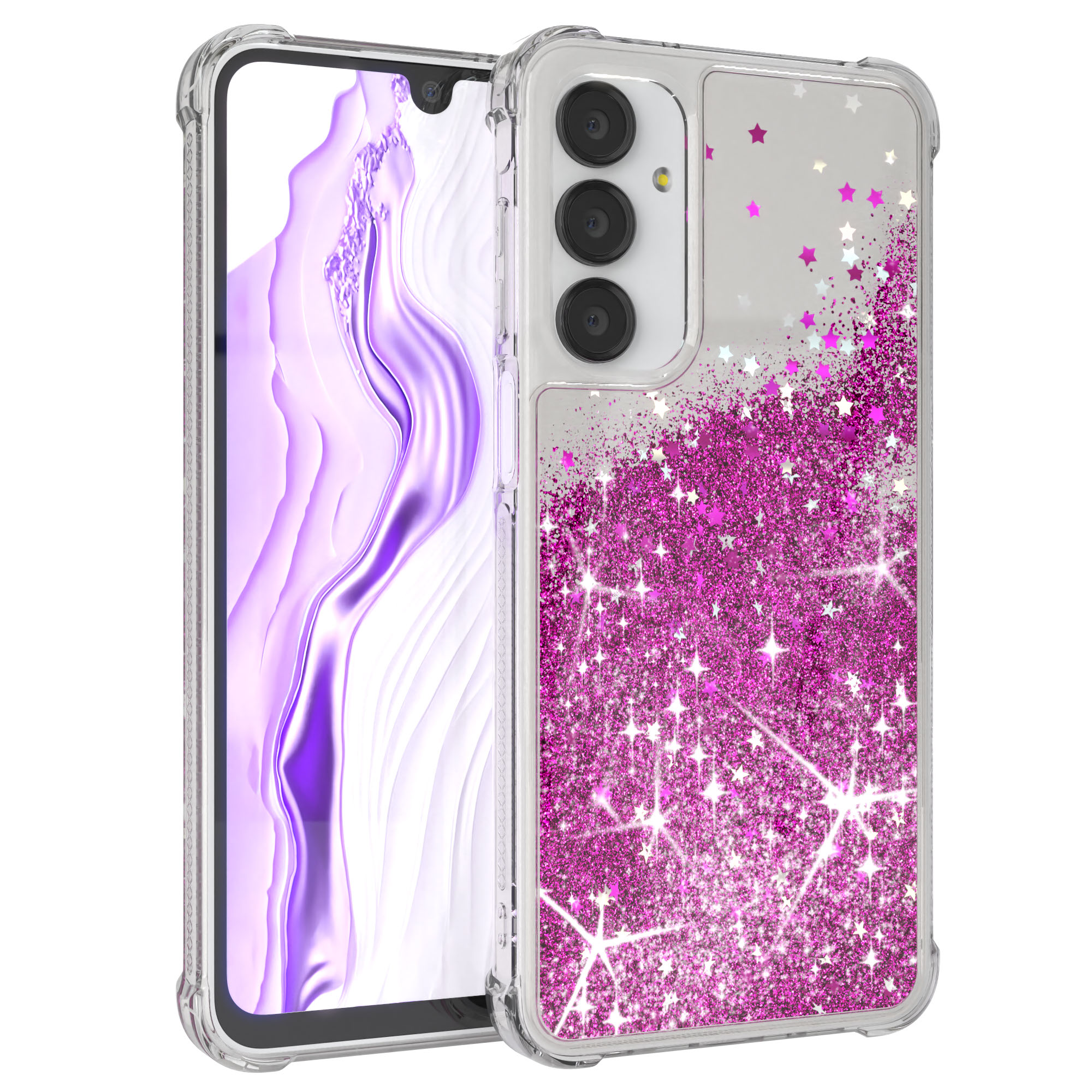 Transparente Handyhülle mit rosa Glitzer und Sternen. Telefon innen, drei Kameralinsen sichtbar.