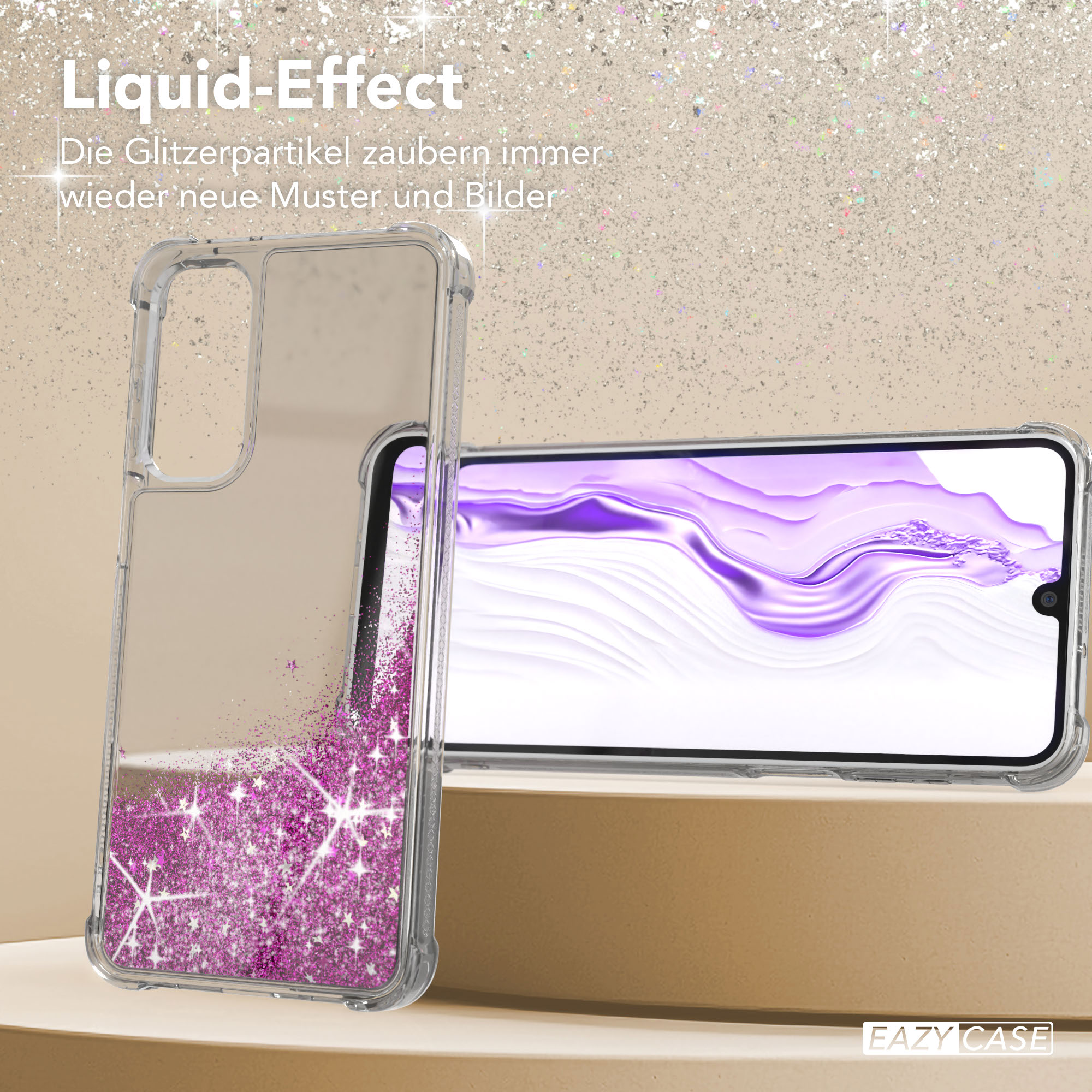 Transparente Handyhülle mit Glitzer, Telefon, Liquid-Effekt. Die Hülle steht auf einem Podest.