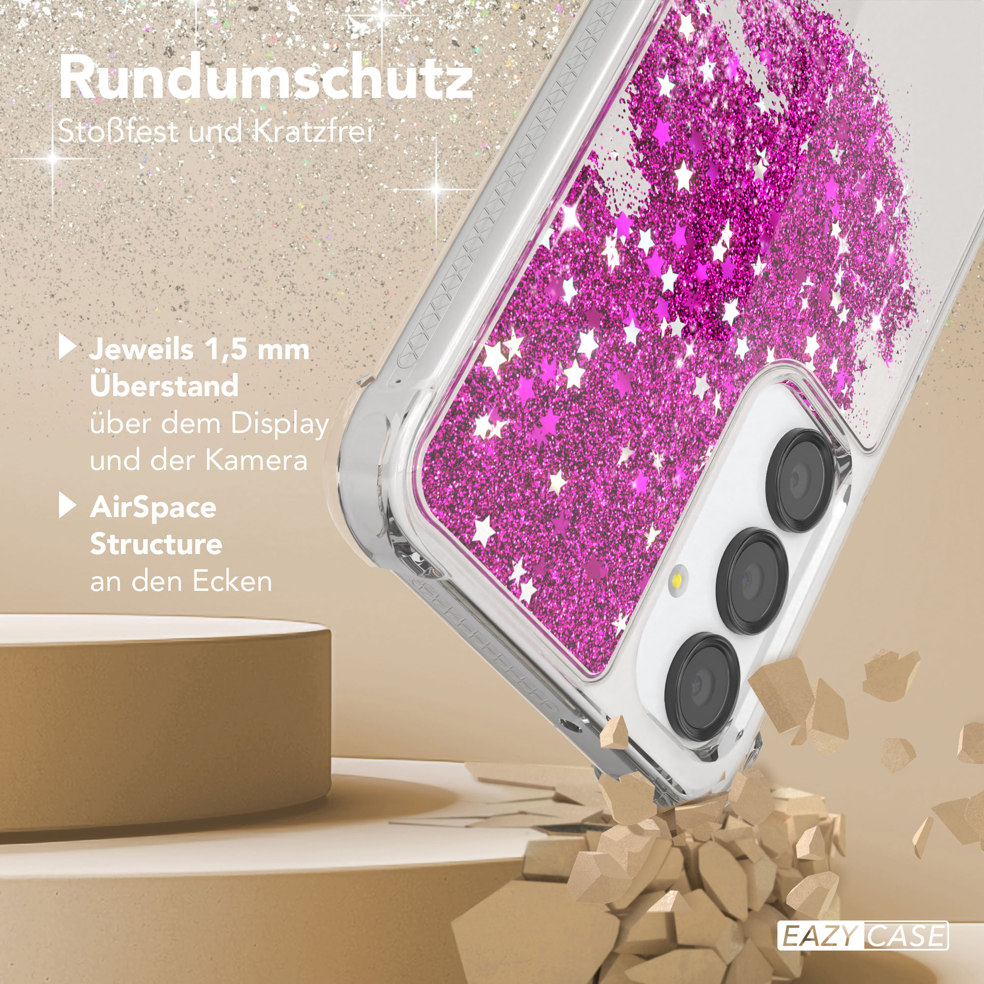 Eine Handyhülle mit Glitzer, die Rückseite zeigend, und ein herunterfallendes Telefon. Nahaufnahme der Hülle.