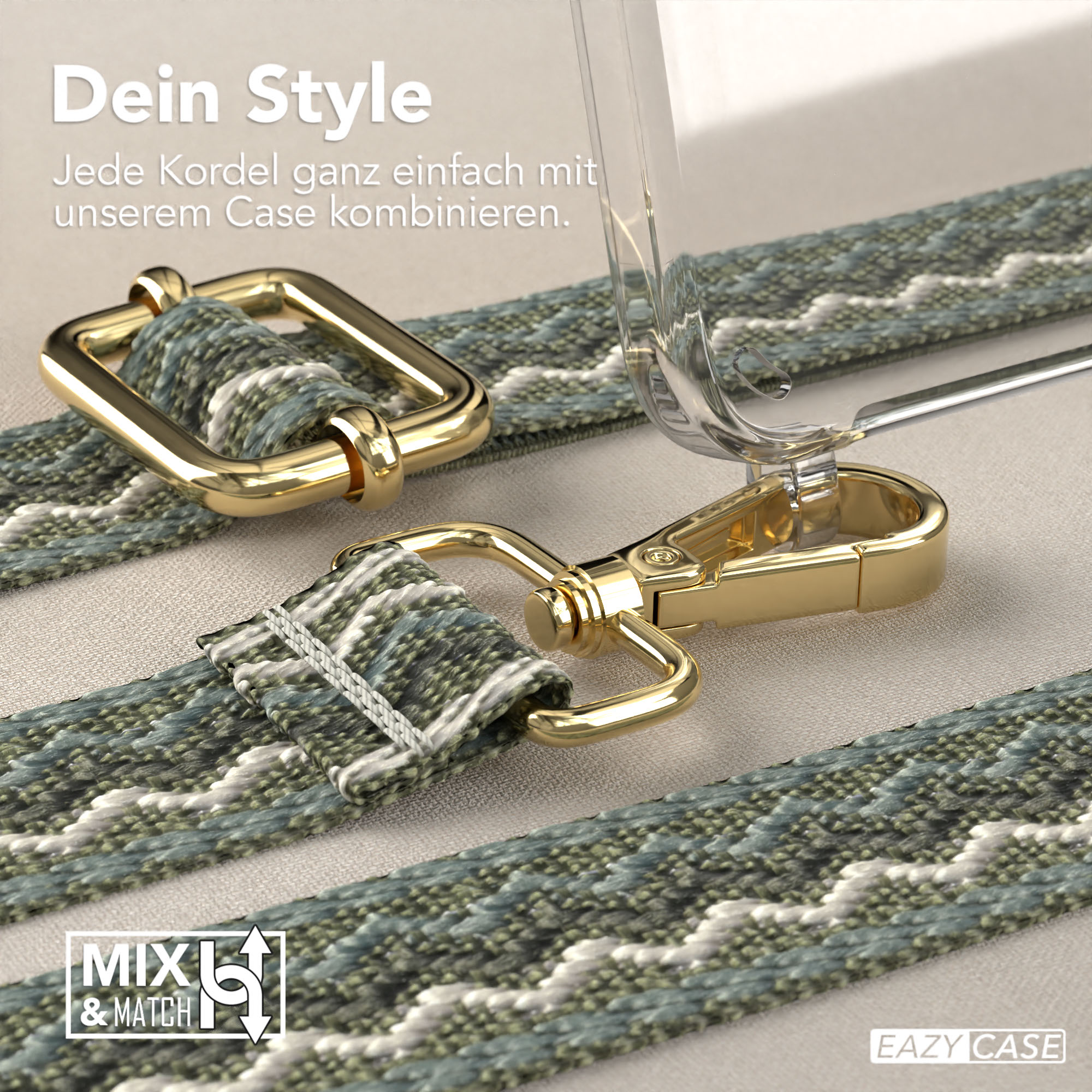 Nahaufnahme eines Telefonriemens mit goldfarbenem Verschluss. Der Riemen ist grün und weiß.