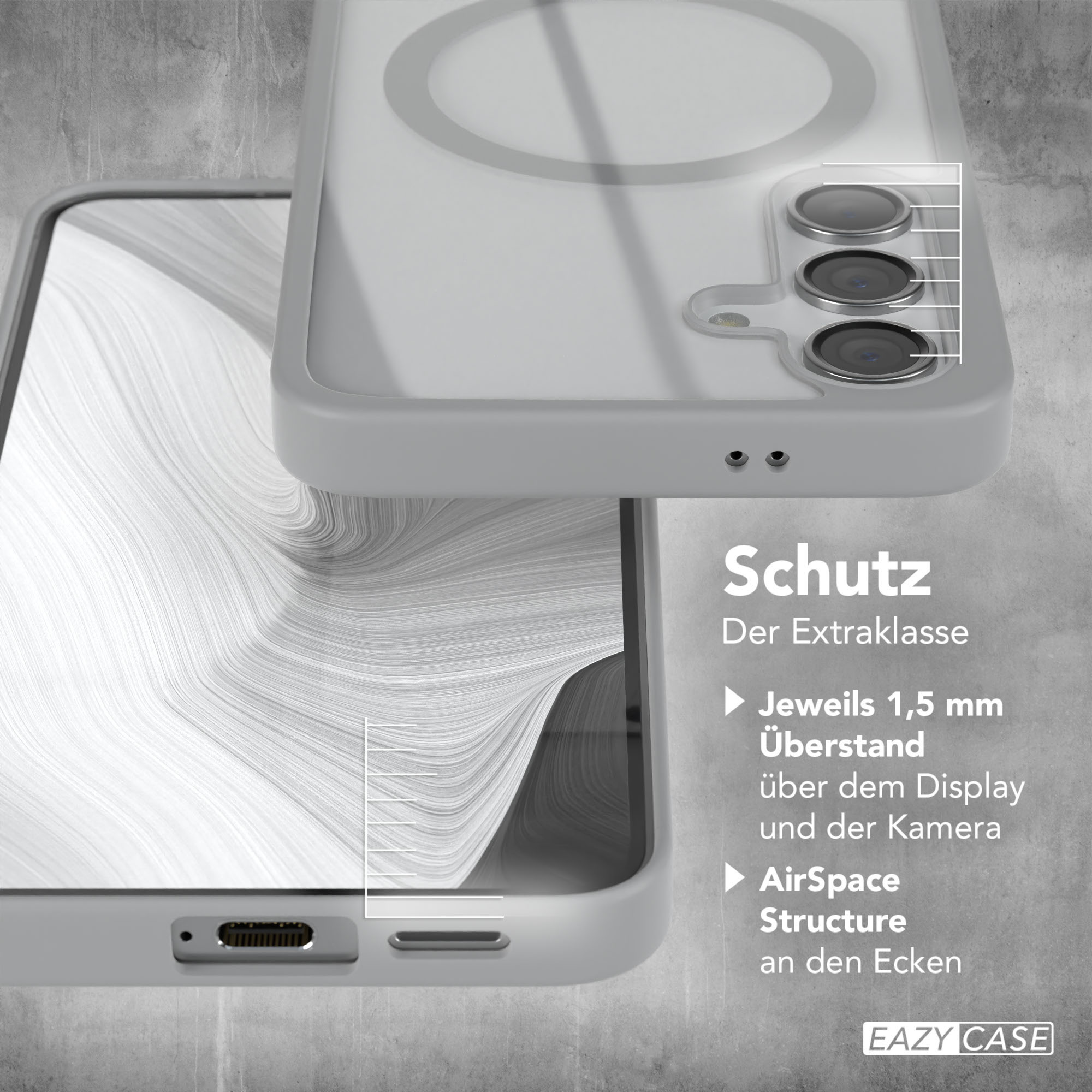 Handyhülle mit Text, auf weißem Hintergrund. Zeigt Details und Schutz der Handyhülle.