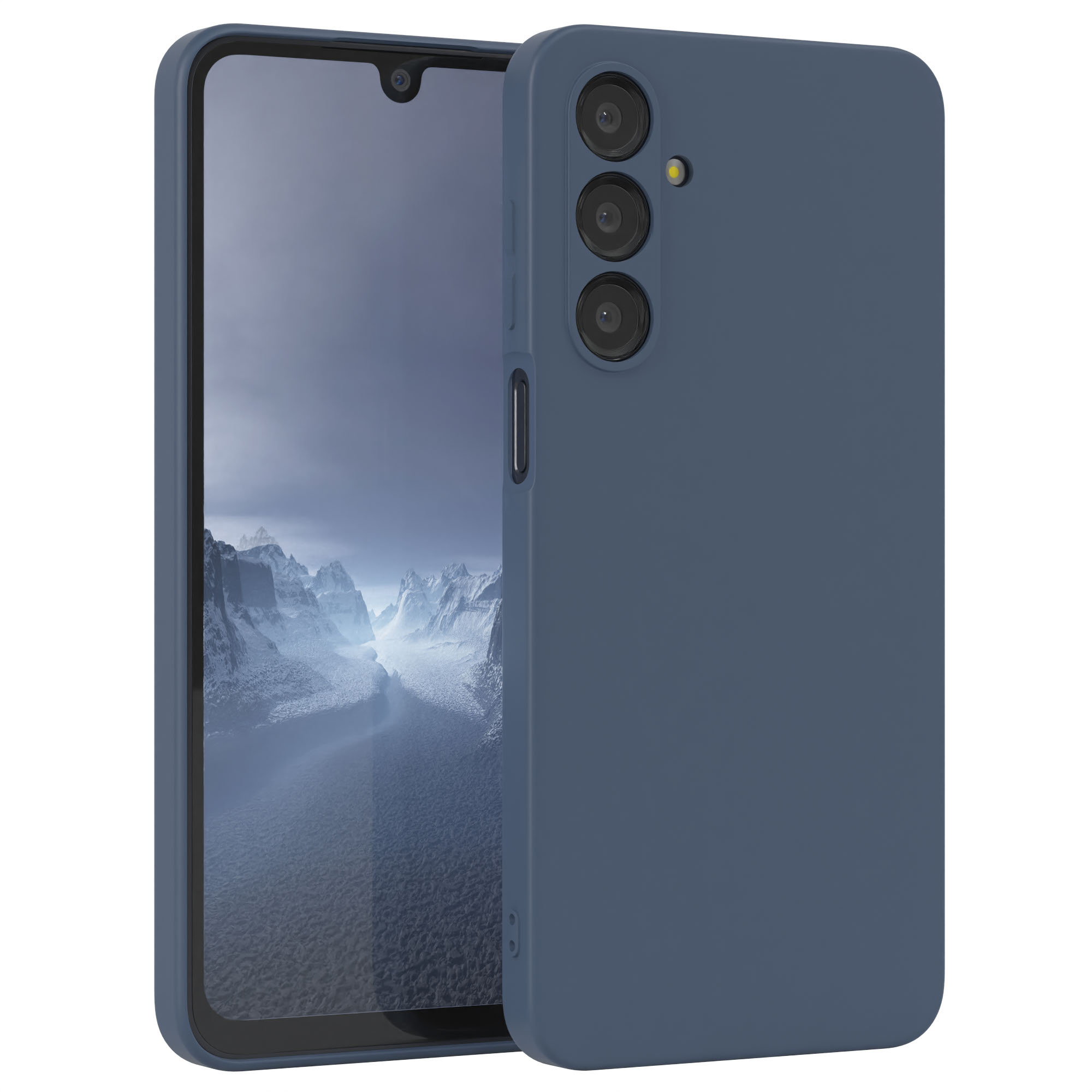 Blaues Telefon mit Hülle. Das Telefon hat einen Bildschirm und Kameralinsen.