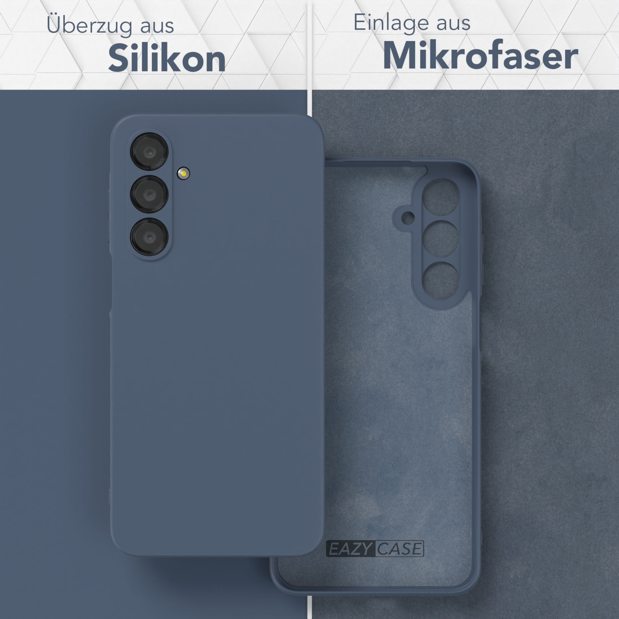 Zwei Handyhüllen, eine blaue und eine transparente, die die Innen- und Außenteile der Hülle zeigen.