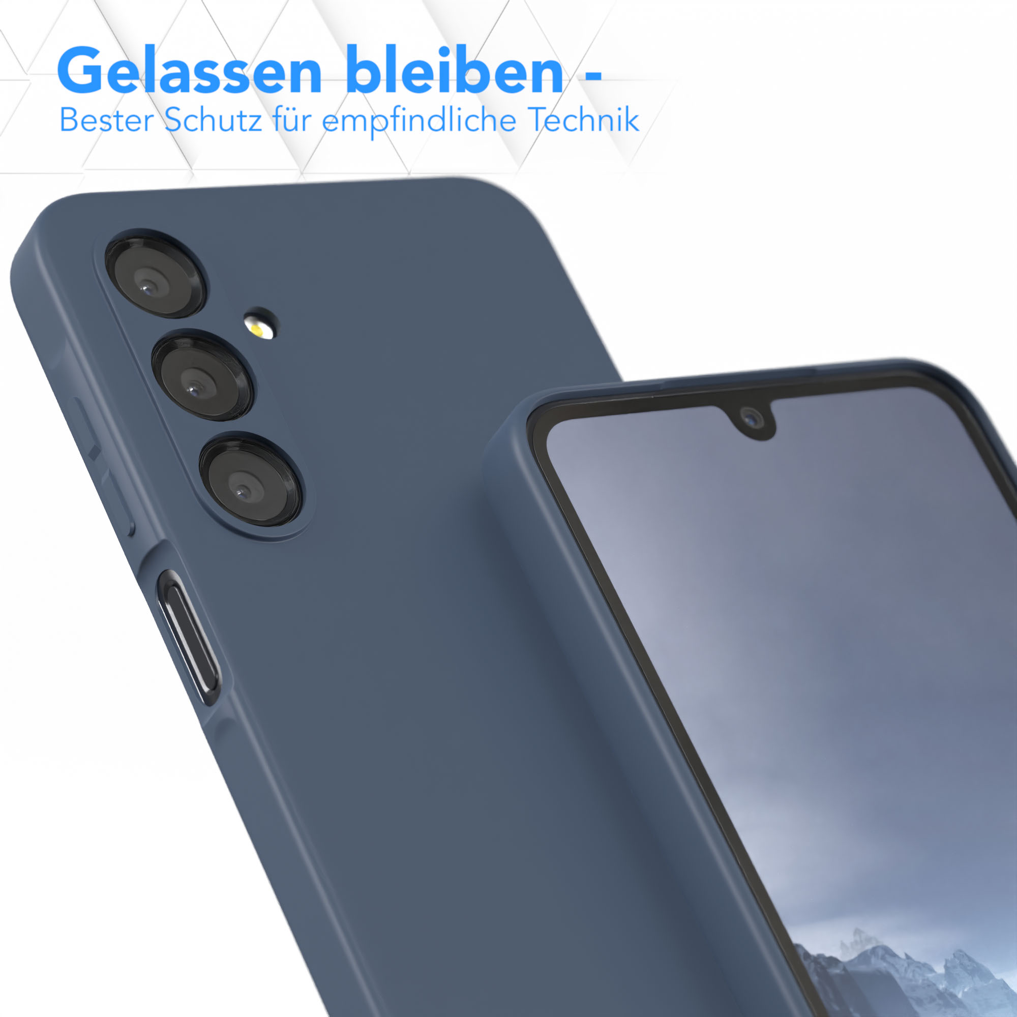 Dunkelblaue Handyhülle schützt ein Telefon. Text: 'Bester Schutz für empfindliche Technik'.