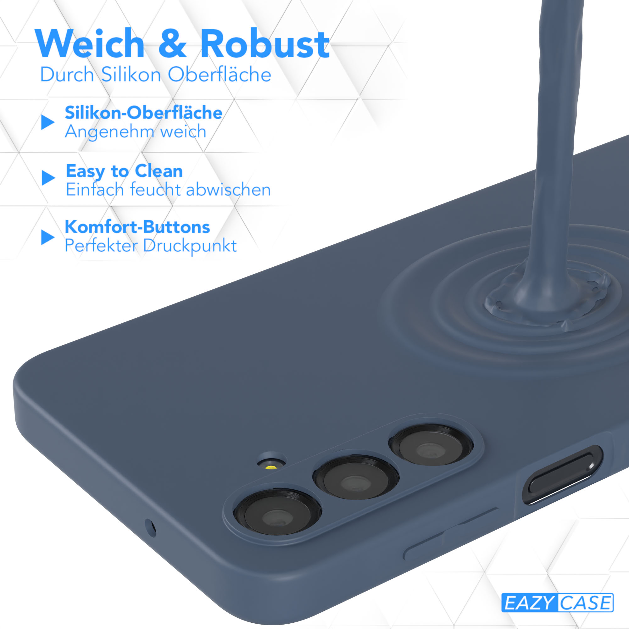 Blaue Handyhülle mit Flüssigkeit, Texte: Weich & Robust, Easy to Clean.