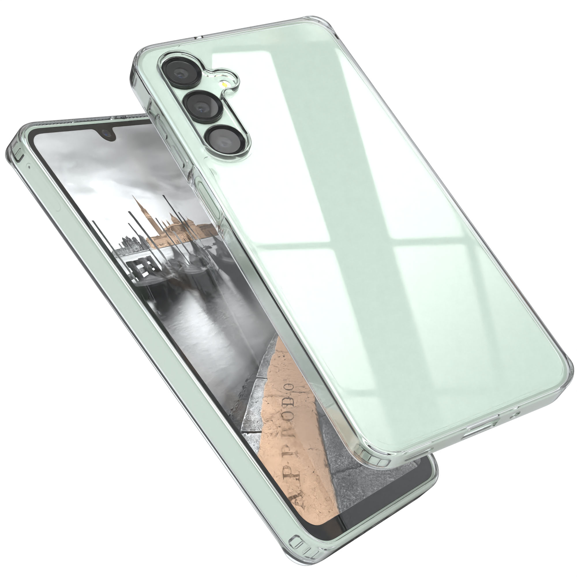 Handyhülle mit Telefon. Der Telefonbildschirm zeigt Landschaftsbild. Weißer Hintergrund.