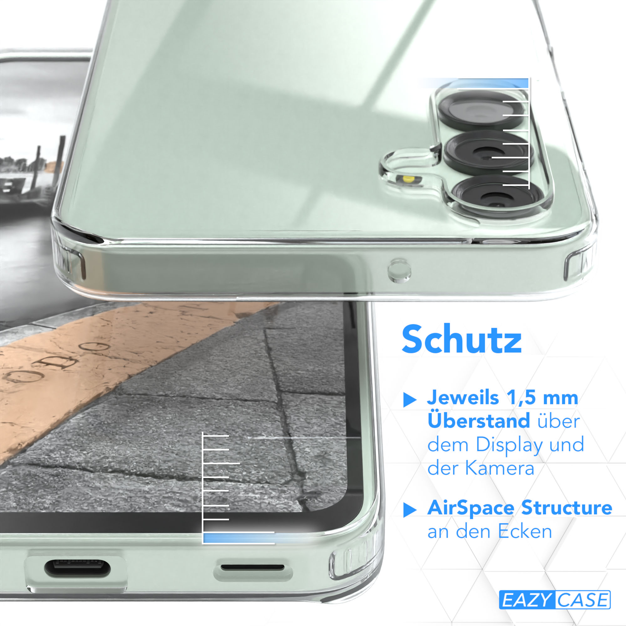 Eine Handyhülle mit Kameraschutz. Details von 1,5 mm über dem Display und AirSpace Structure.