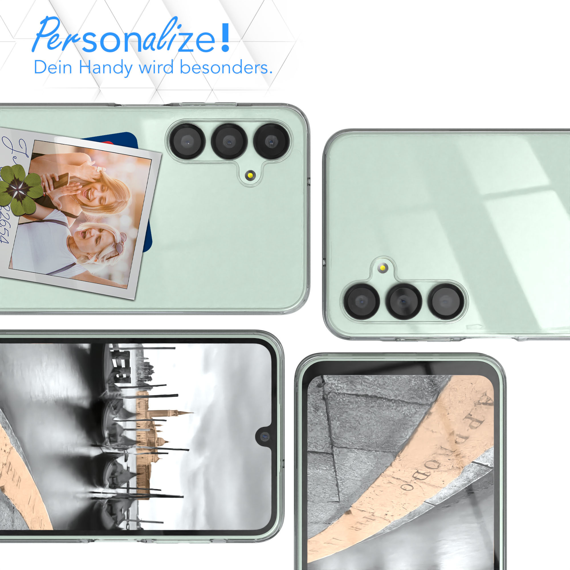 Telefon mit durchsichtiger Hülle. Die Hülle hat ein Bild eines vierblättrigen Kleeblatts und zwei Personen.