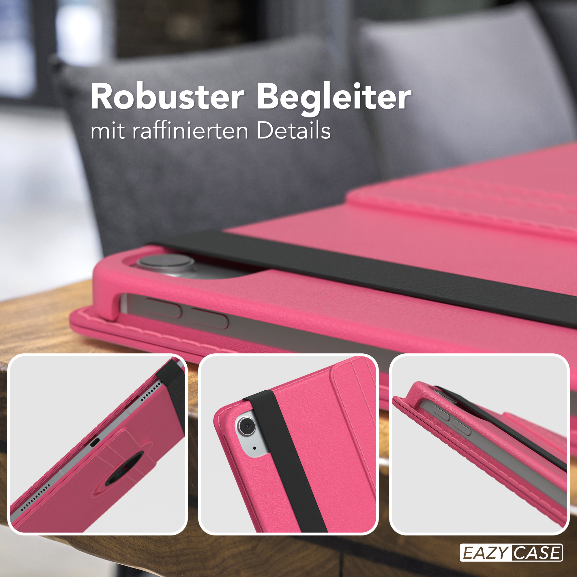Eine pinkfarbene Handyhülle mit Details. Es gibt drei Detailaufnahmen der Hülle auf einer Oberfläche.