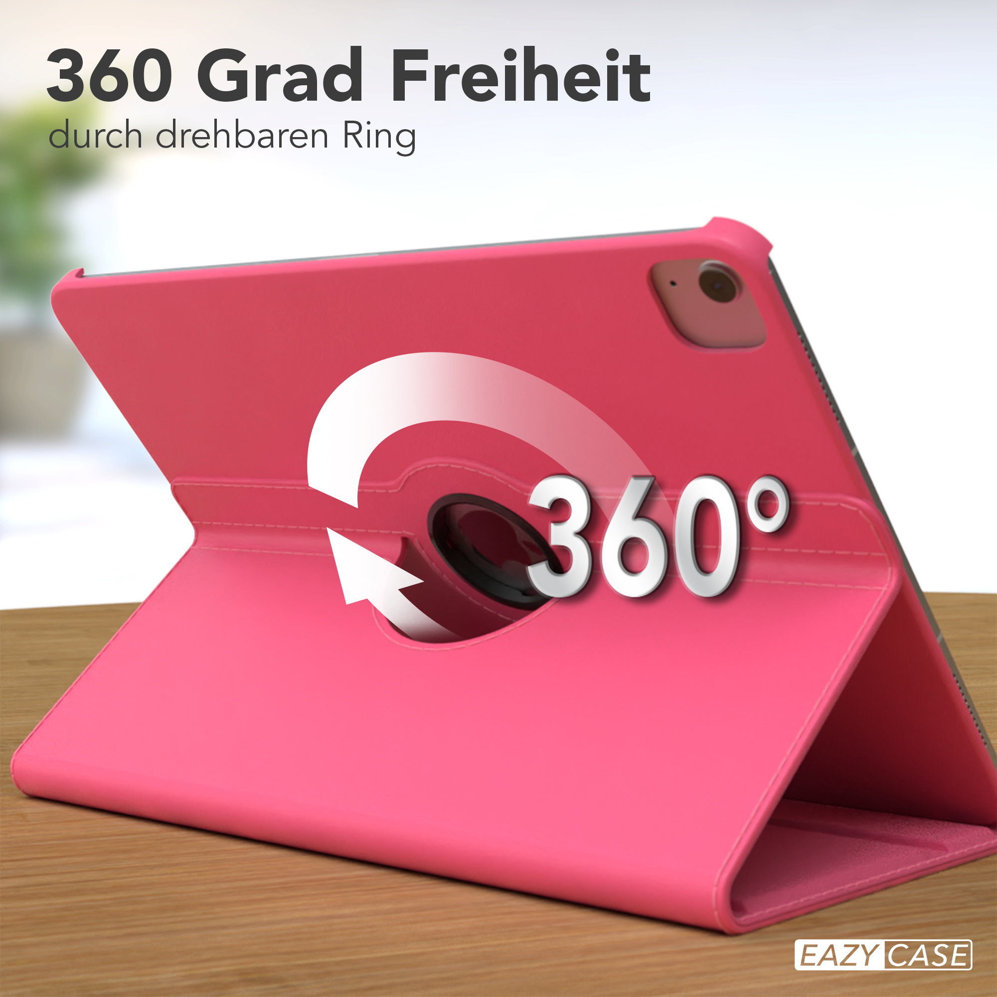 Rosa Tablet-Hülle mit drehbarem Ring. Text: 360 Grad Freiheit.