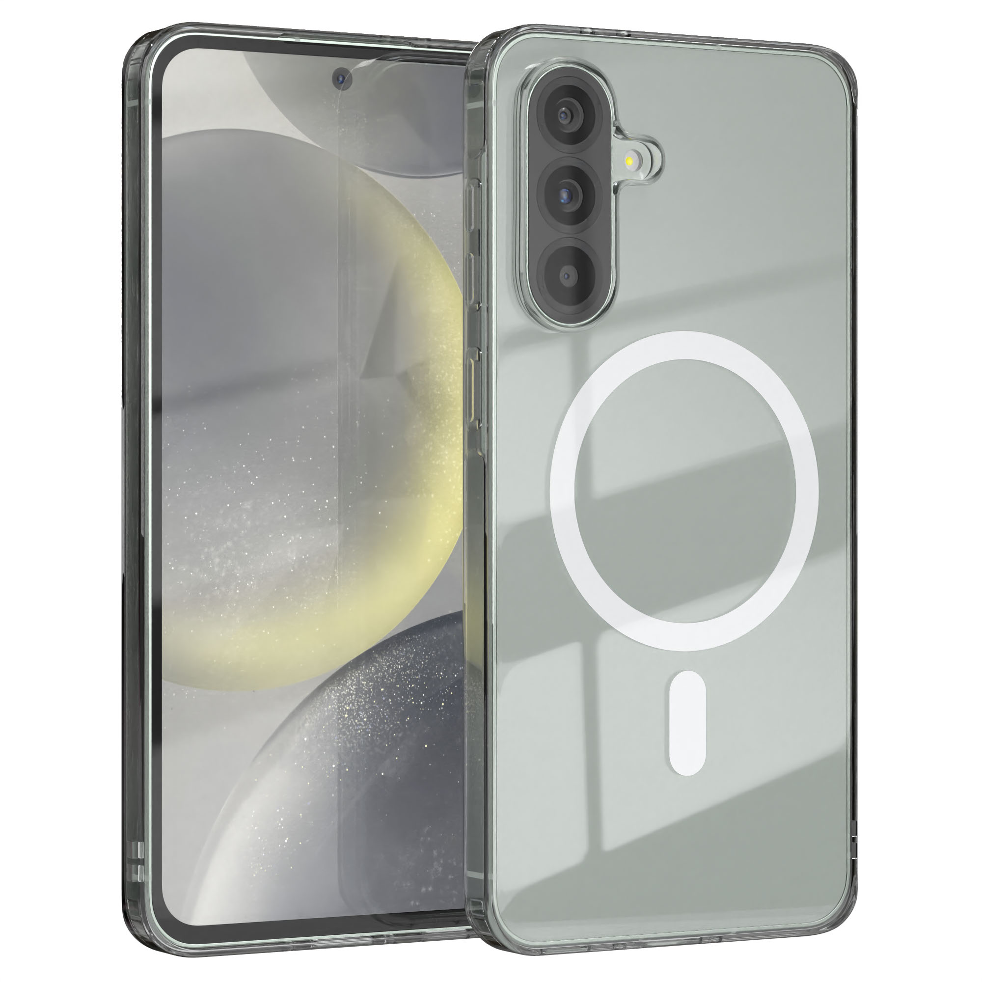 Transparente Handyhülle mit grauem Telefon. Rückseite hat Kamera und Ladekreis.