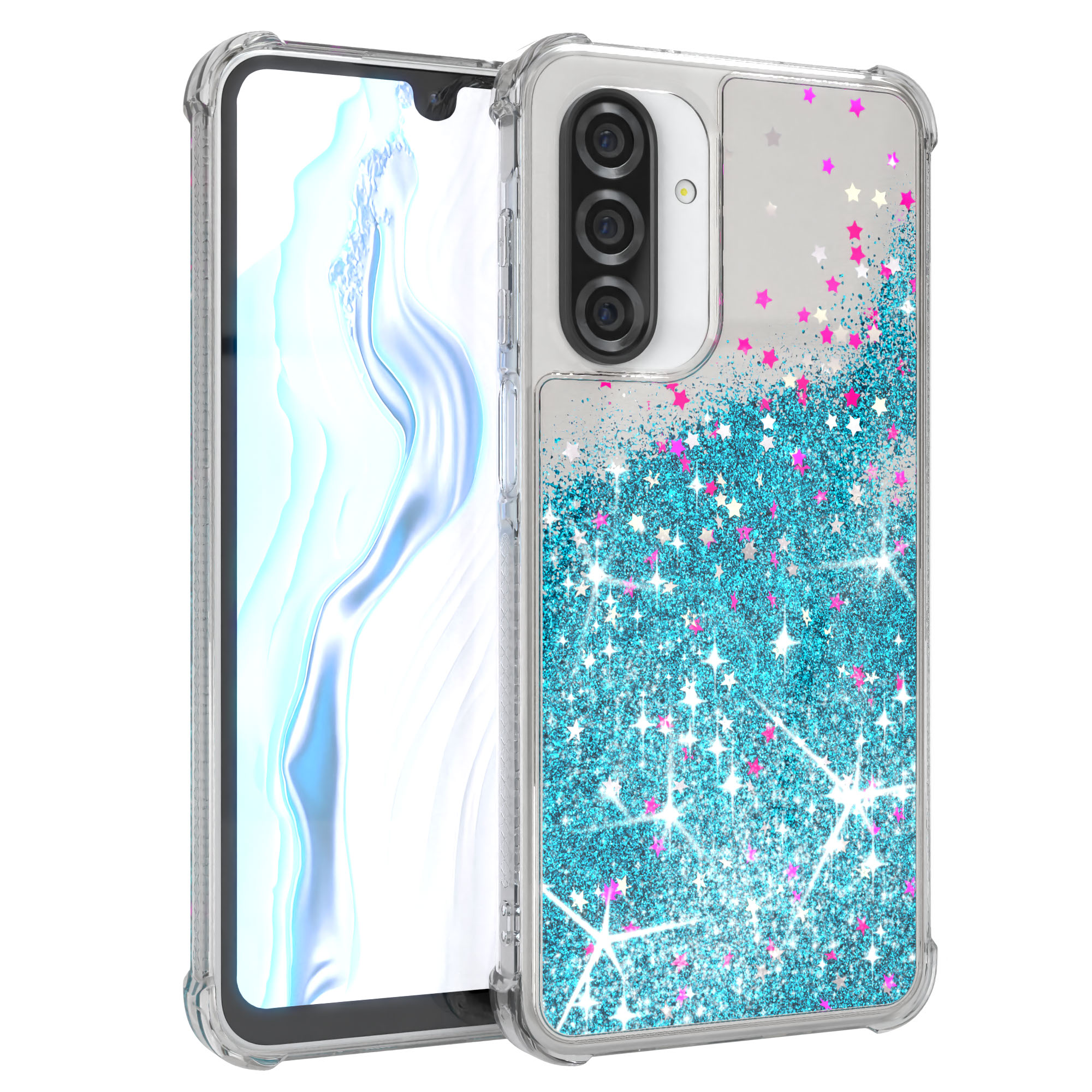 Eine Handyhülle mit blauem Glitzer und rosa Sternen auf der Rückseite.