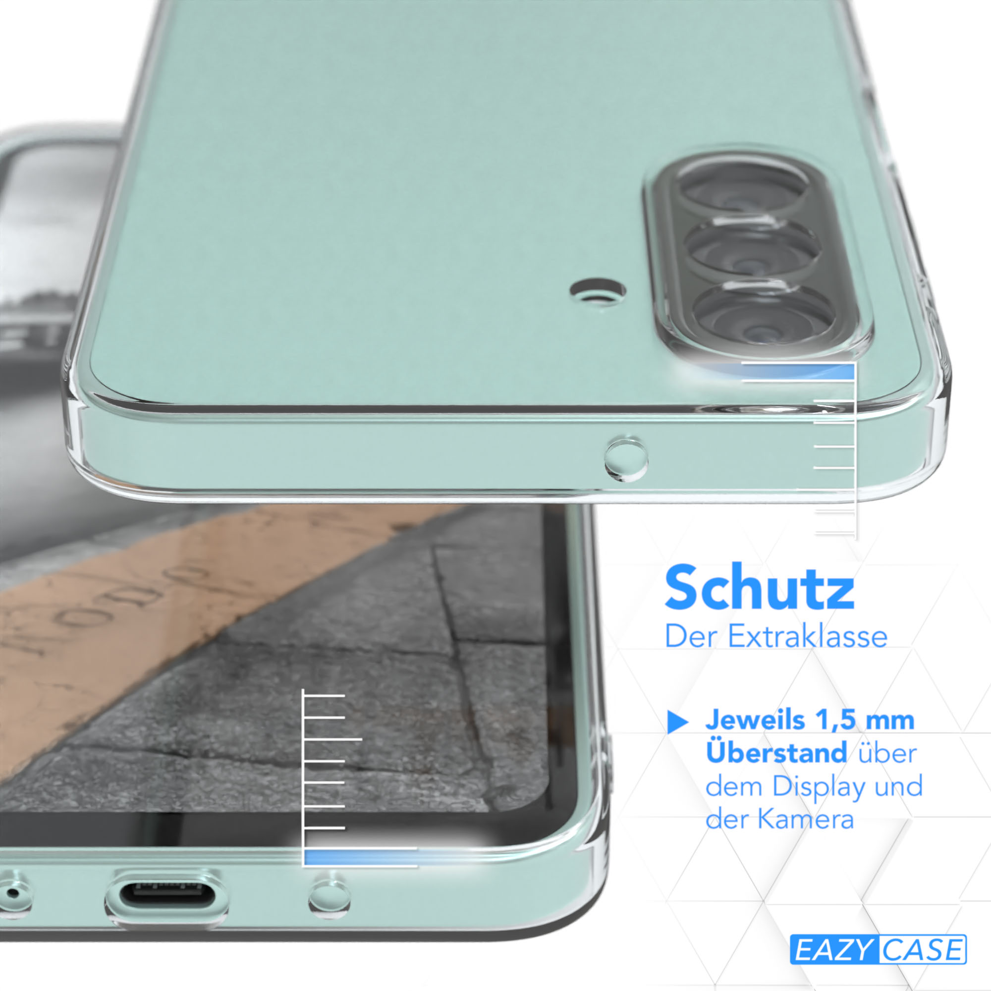 Ein Telefon mit Schutzhülle, das die Kamera- und Displayschutzfunktionen zeigt.