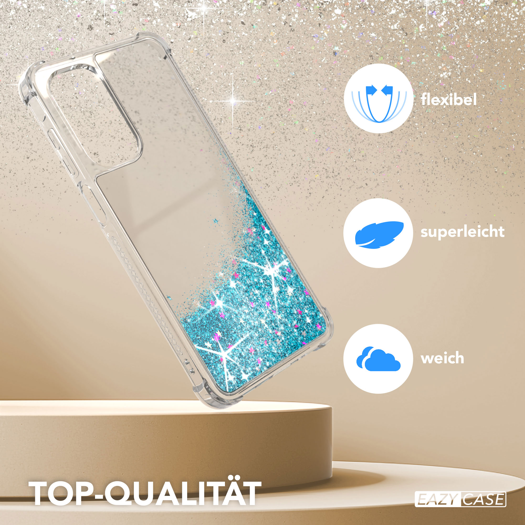Transparente Handyhülle mit blauem Glitzer, Symbolen und Text.