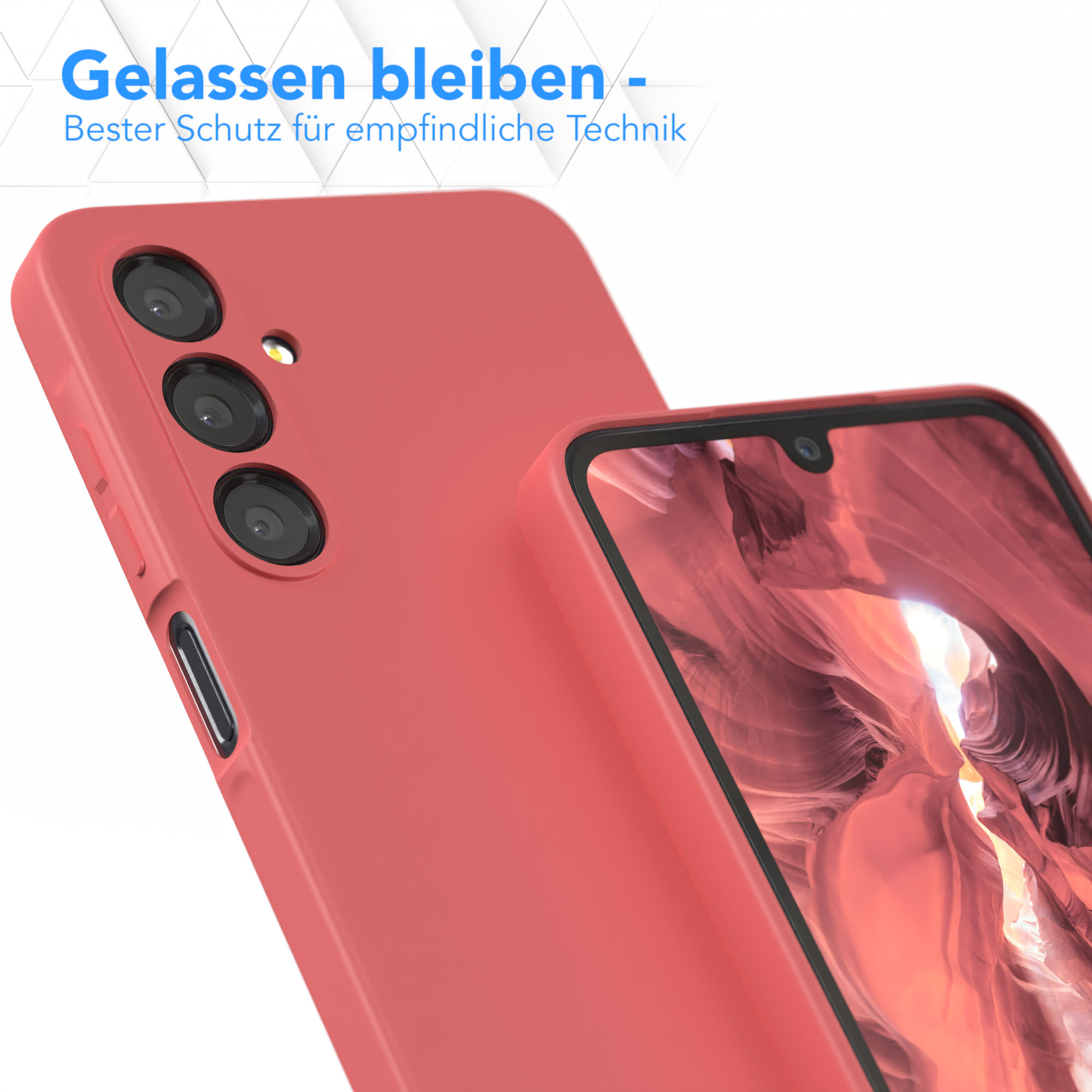 Rote Handyhülle mit Ausschnitt für drei Kameralinsen. Text auf Deutsch: 'Gelassen bleiben'.