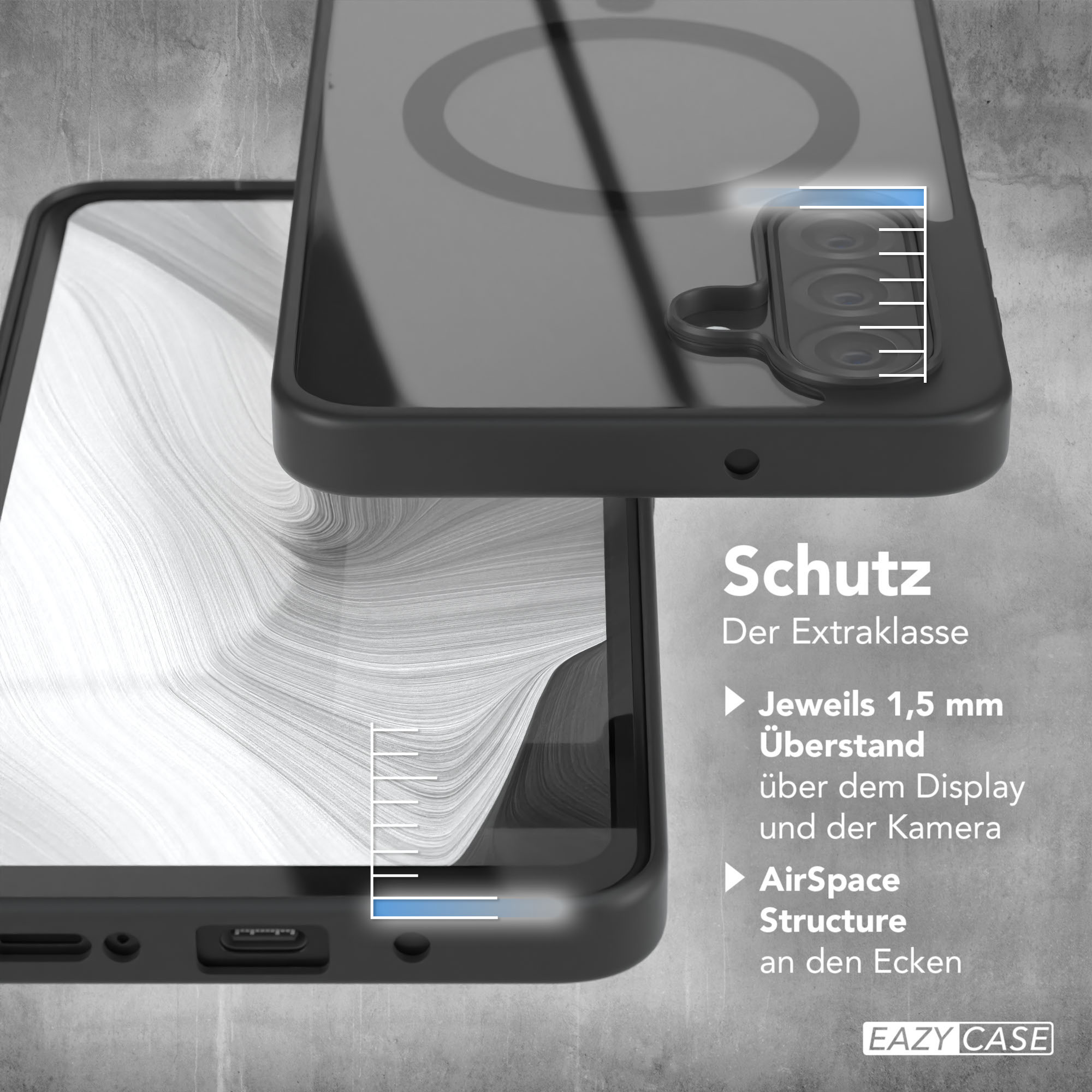 Telefonhülle mit Telefon. Die Hülle ist schwarz und hat eine durchsichtige Rückseite.