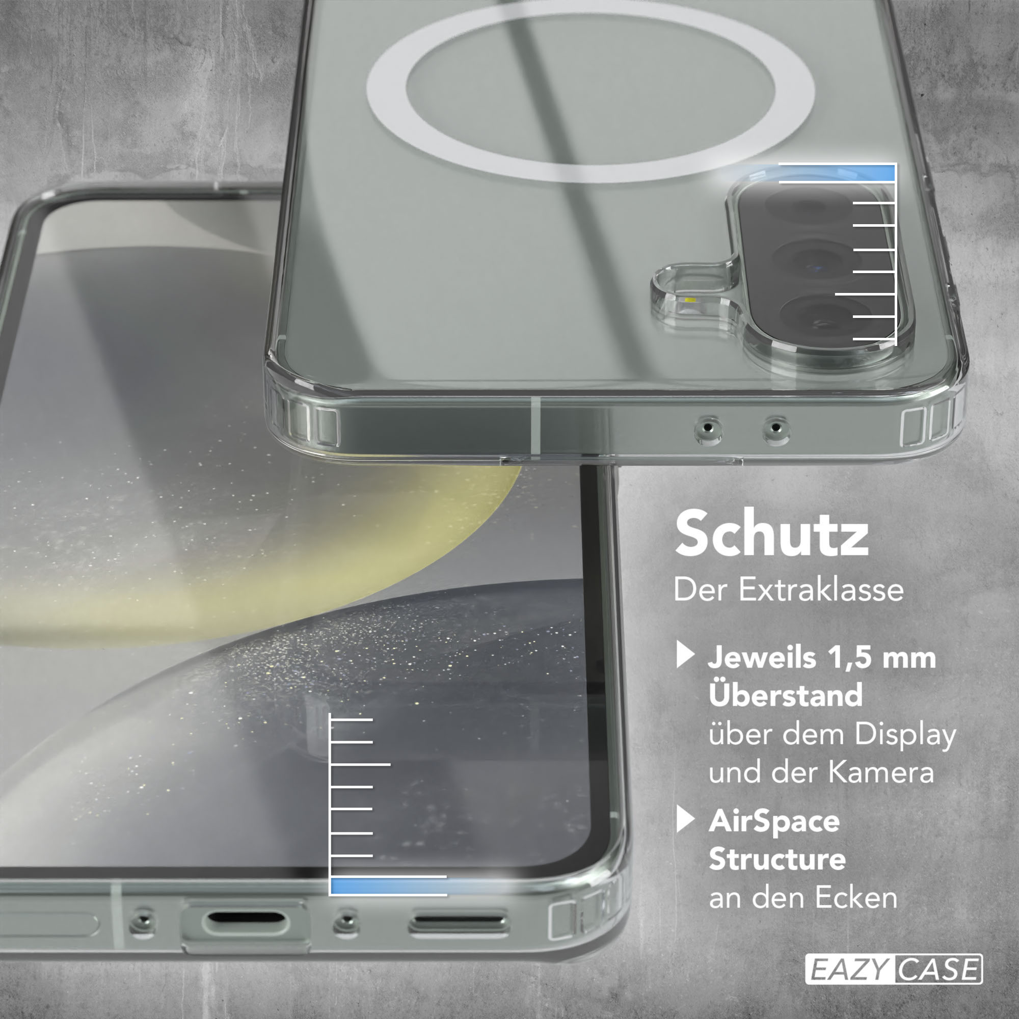 Klare Handyhülle mit Telefon im Inneren, zeigt Kamera und weißen Kreis. Grauer Hintergrund.