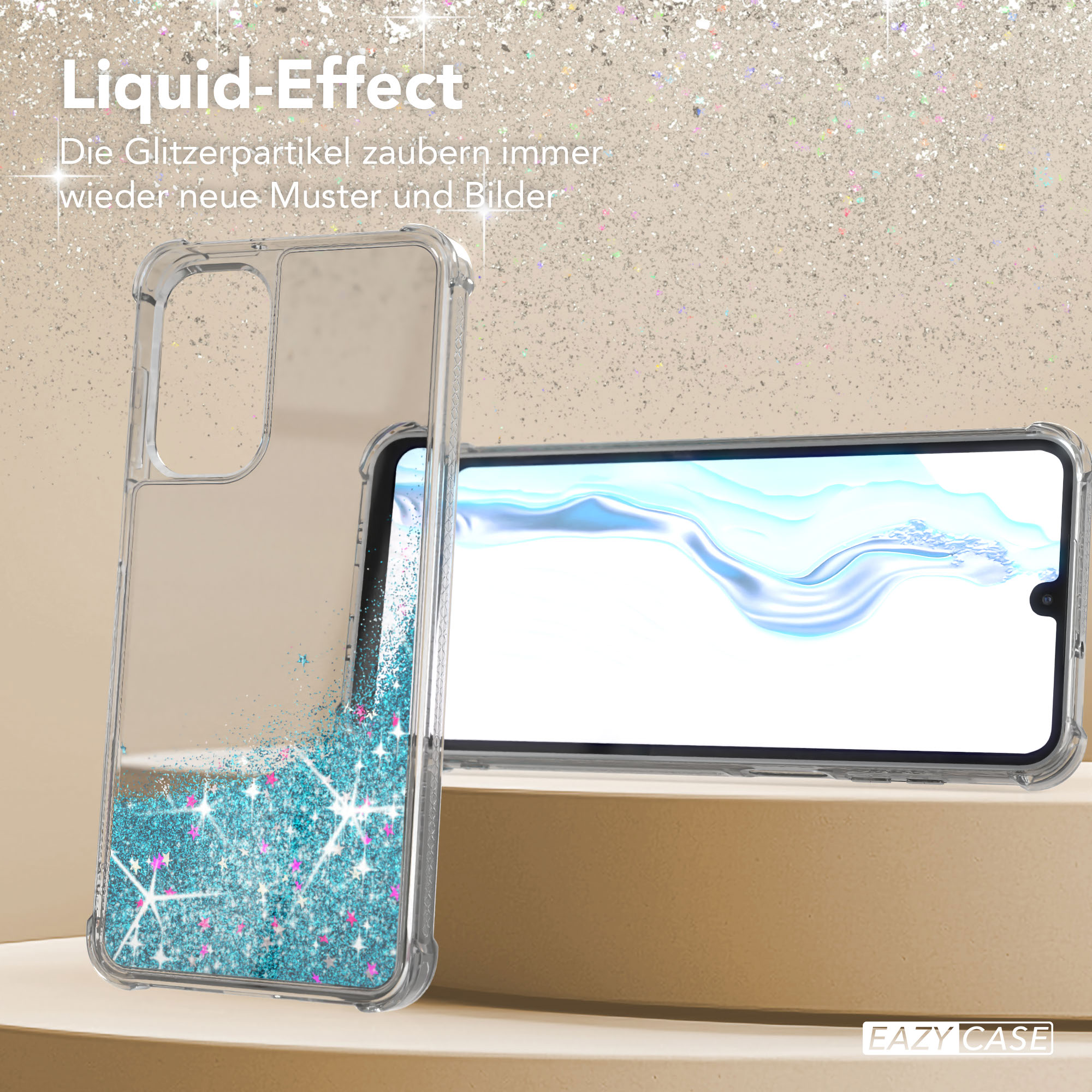Eine durchsichtige Handyhülle mit blauem Glitzer. Ein Telefon mit blauem Bildschirm dahinter.