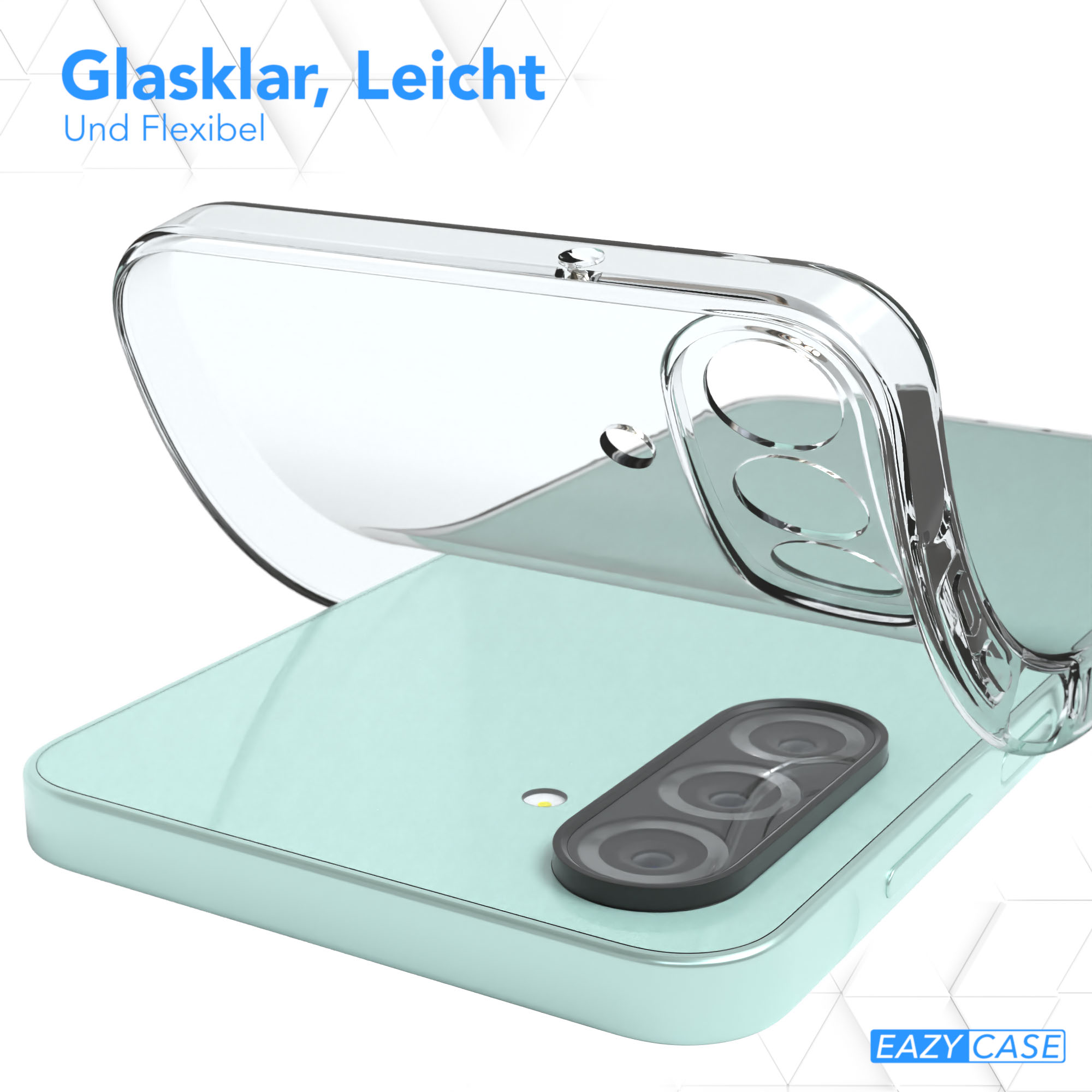 Nahaufnahme einer Handyhülle auf einem mintgrünen Telefon. Die Hülle ist transparent und zeigt die Kamera des Telefons.