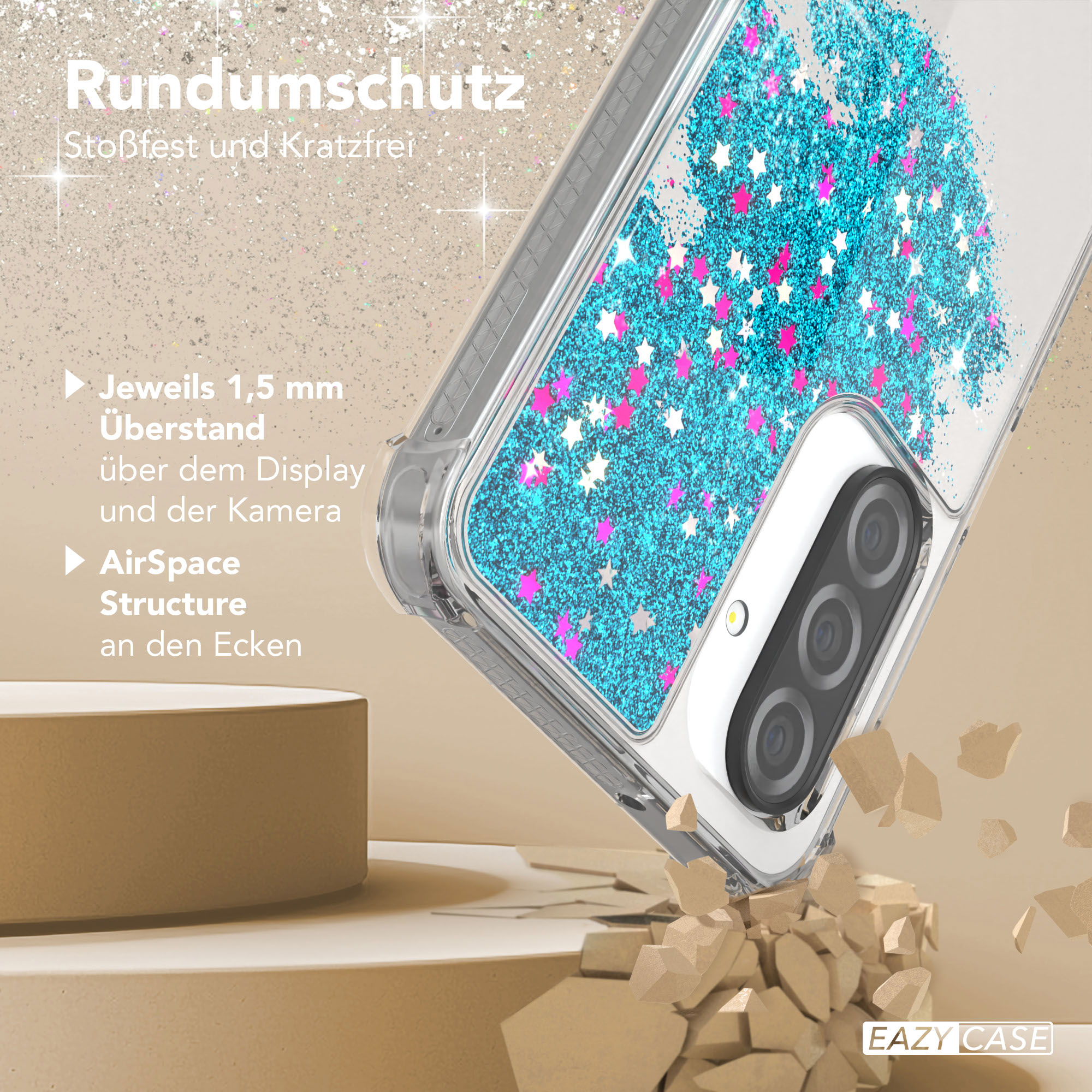 Eine Handyhülle mit Flüssigkeitsglitter und Sternen, mit Text über Schutz.