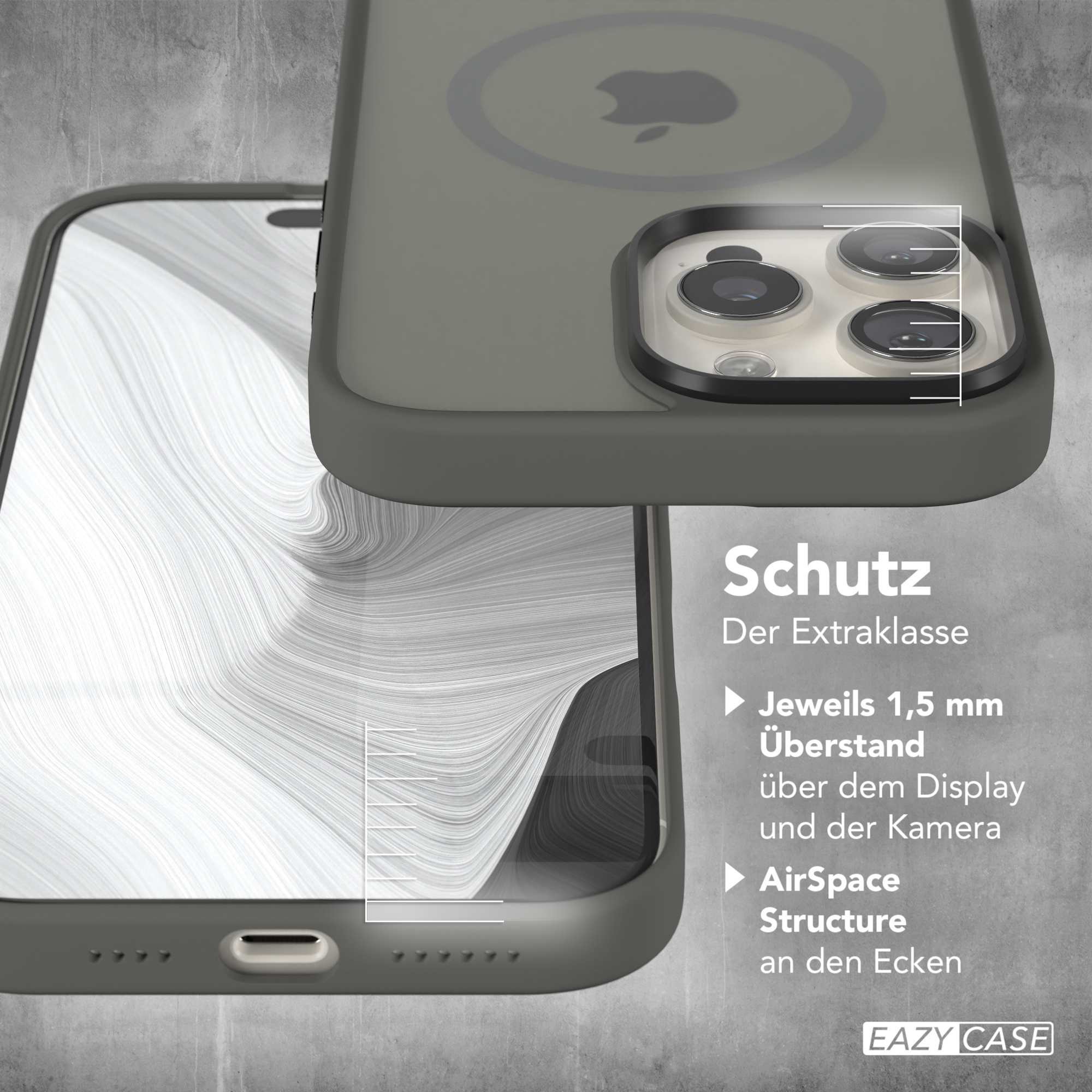 Handyhülle mit iPhone. Hülle ist grau und transparent. Text über den Schutz des Telefons ist sichtbar.