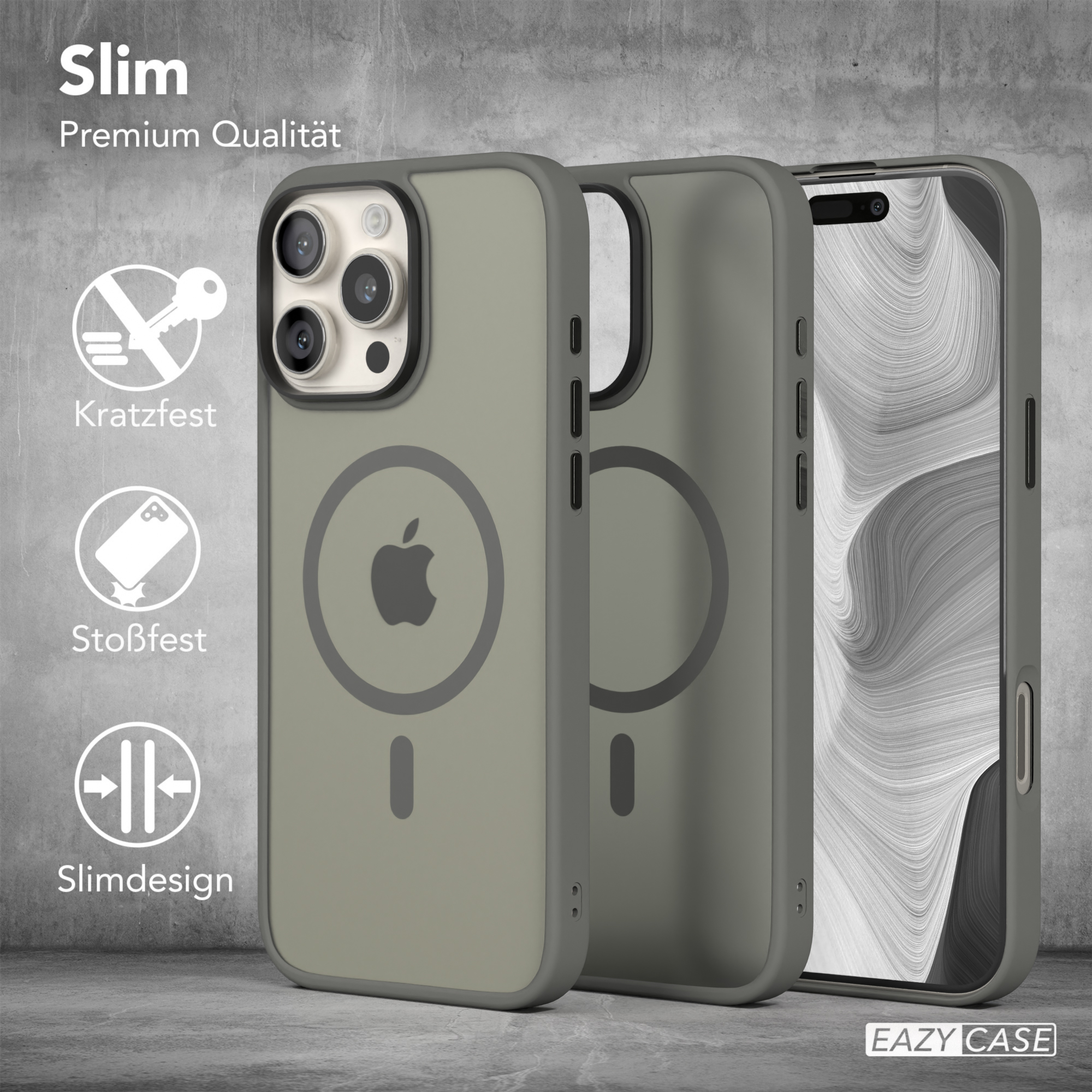 Drei Handyhüllen, eine auf einem Telefon, mit grauem Apple-Logo und Schutzfunktionssymbolen.