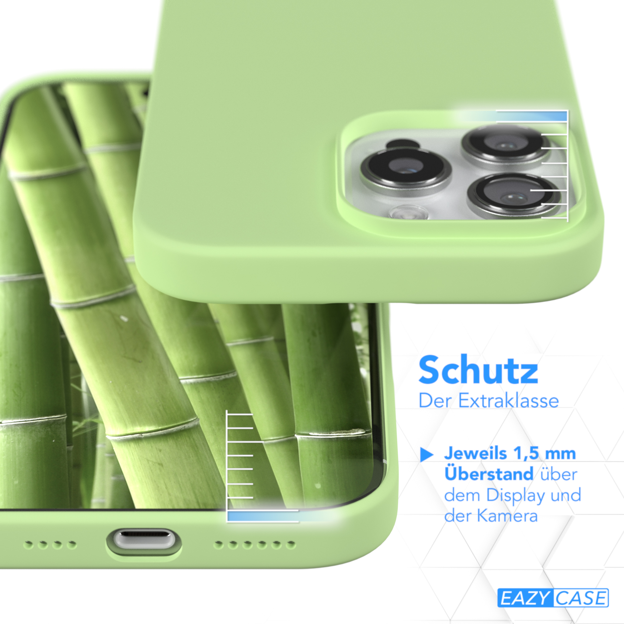 Grüne Handyhülle mit Bambushintergrund. Nahaufnahme des Kamerabereichs des Telefons.