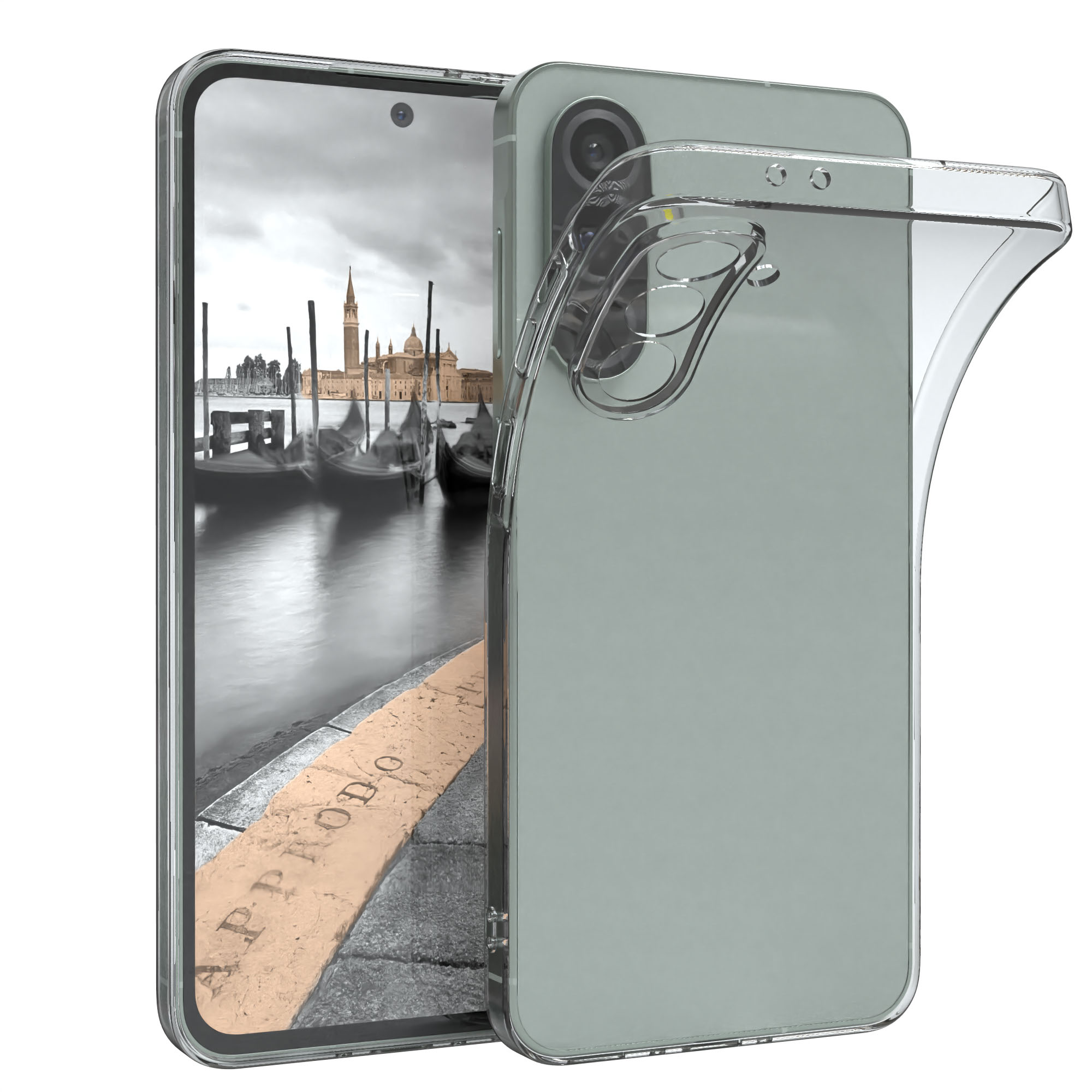 Ein Telefon in einer durchsichtigen Hülle, das ein Venedig-Bild zeigt. Eine transparente Hülle ist am Telefon.