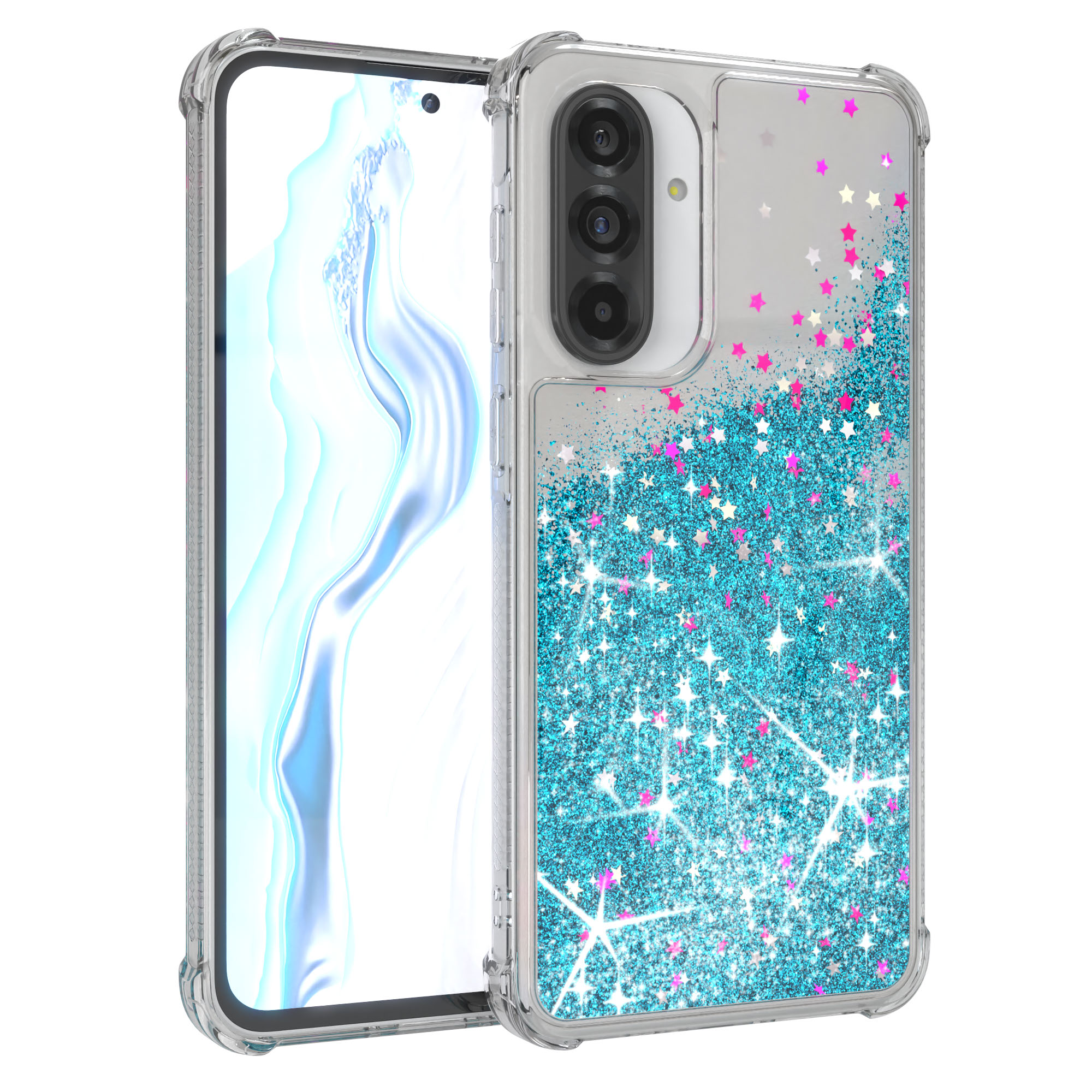 Handyhülle mit Glitzer. Transparente Hülle mit türkis und pinkfarbenem Glitzer. Drei Kameras.