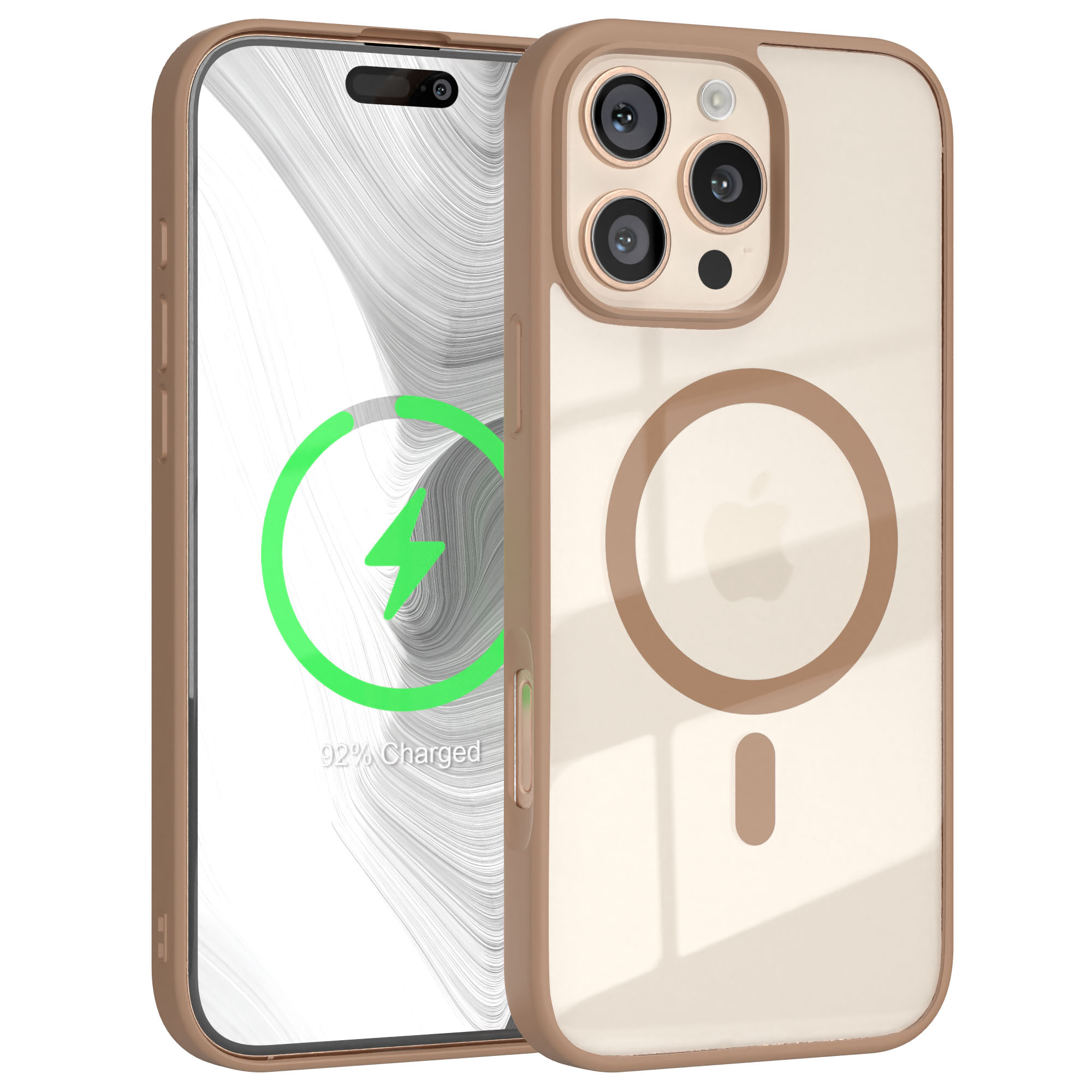 Handyhülle mit Handy, das einen Ladebildschirm zeigt. Braune Hülle mit Ringdesign.