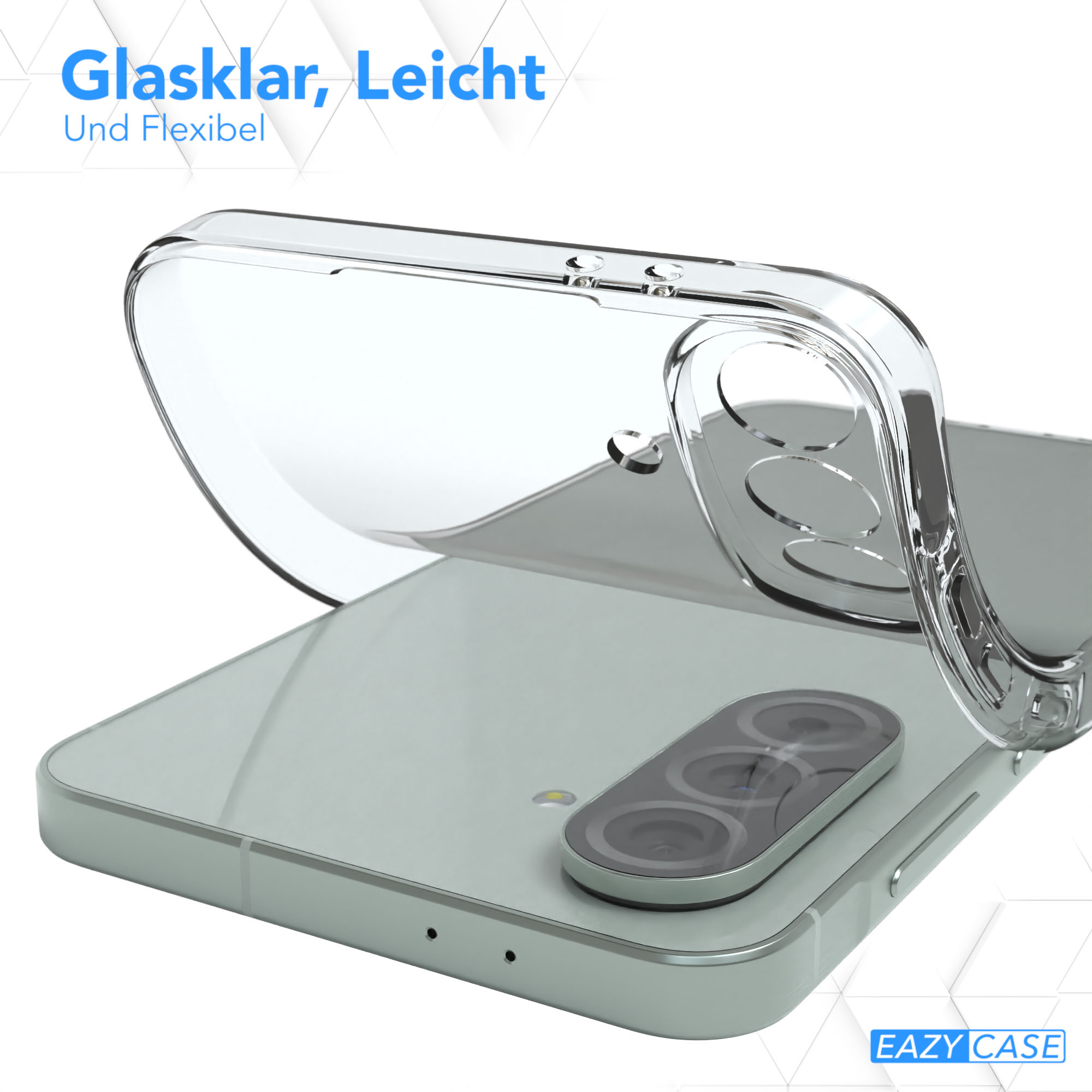 Eine klare Handyhülle auf einem Handy. Die Hülle hat einen Kameraausschnitt und befindet sich auf einem Handy.